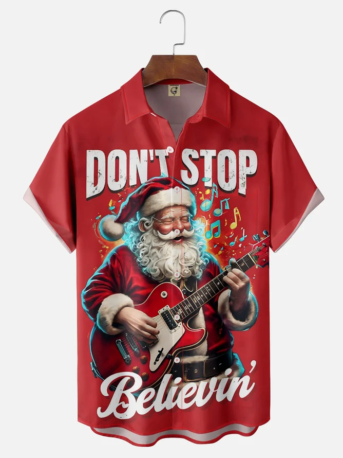 Tall Size Moisture-wicking Christmas Santa Claus Rock Music Chest Pocket Casual Shirt