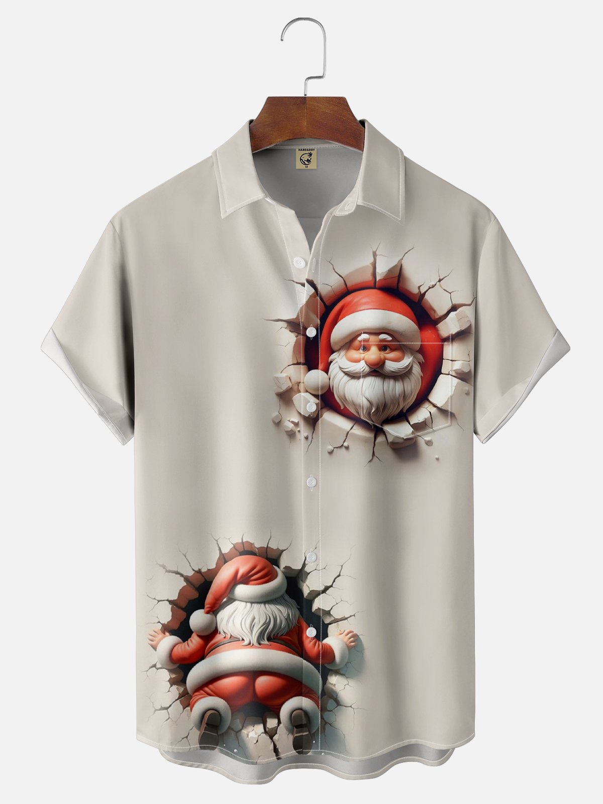 Moisture Wicking Funny And Quirky Santa Claus Bumping Into A Wall Chest Pocket Hawaiian Shirt
