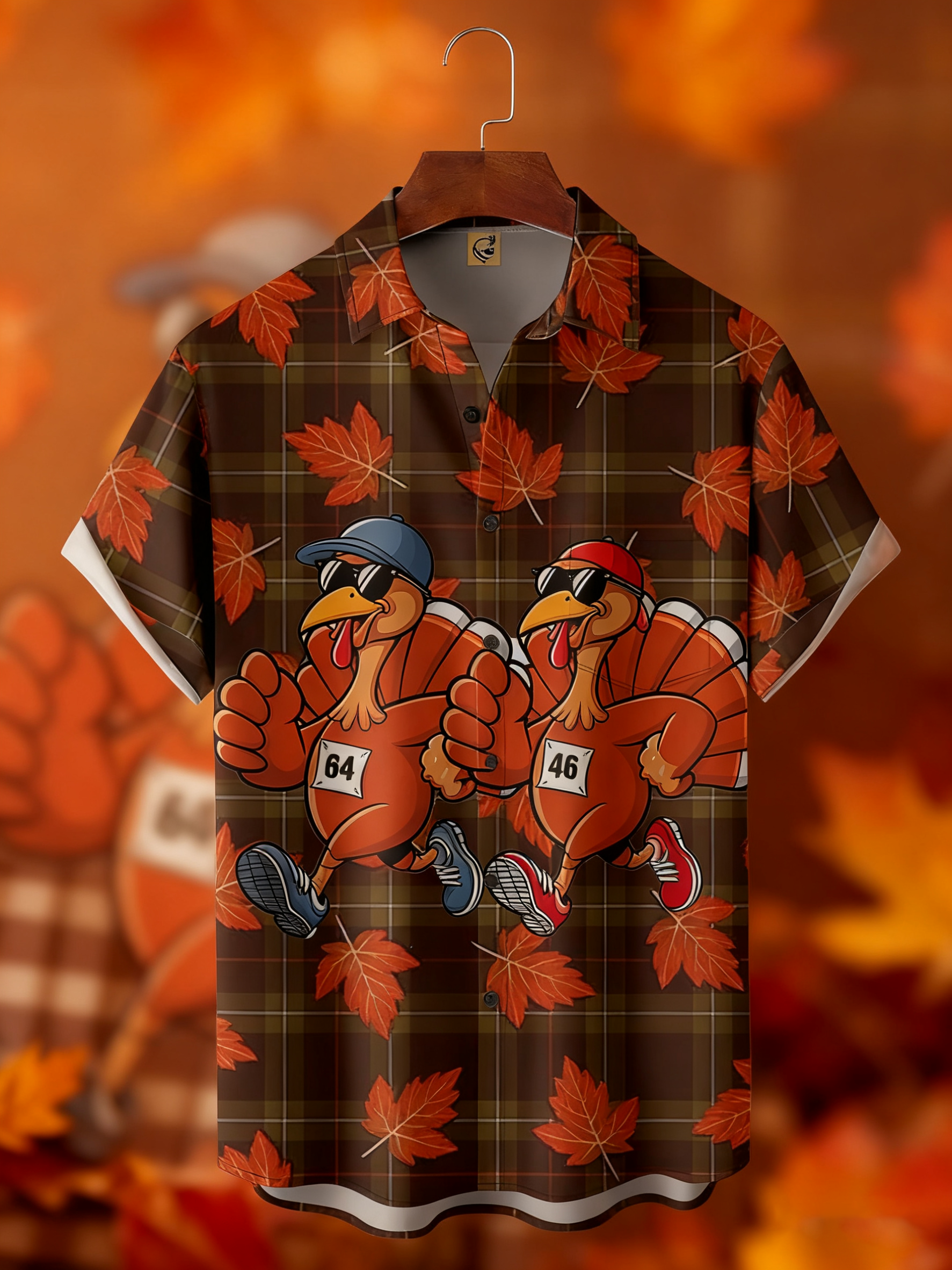 Moisture-Wicking Fun Design With Turkey Maple Leaf And Checkered Patterns Chest Pocket Hawaiian Shirt