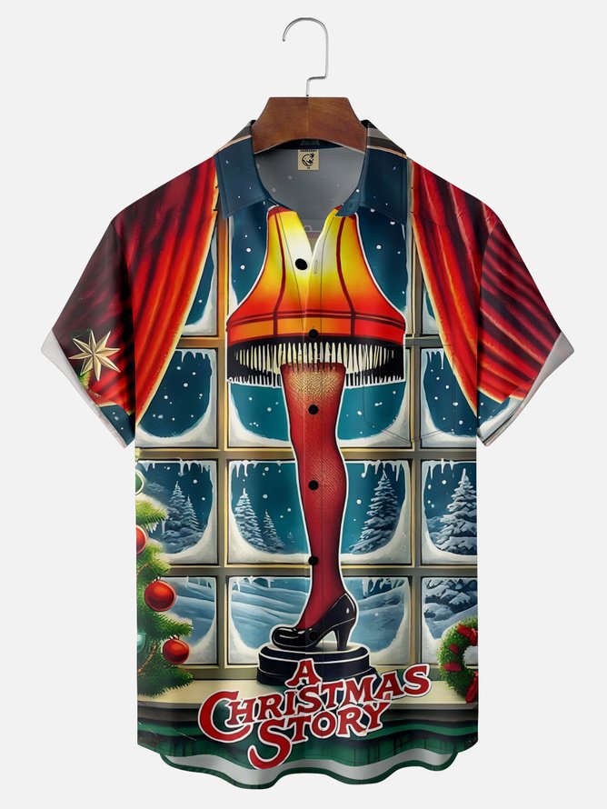 Tall Size Moisture-Wicking Christmas Christmas Story Leg Lamp Chest Pocket Hawaiian Shirt