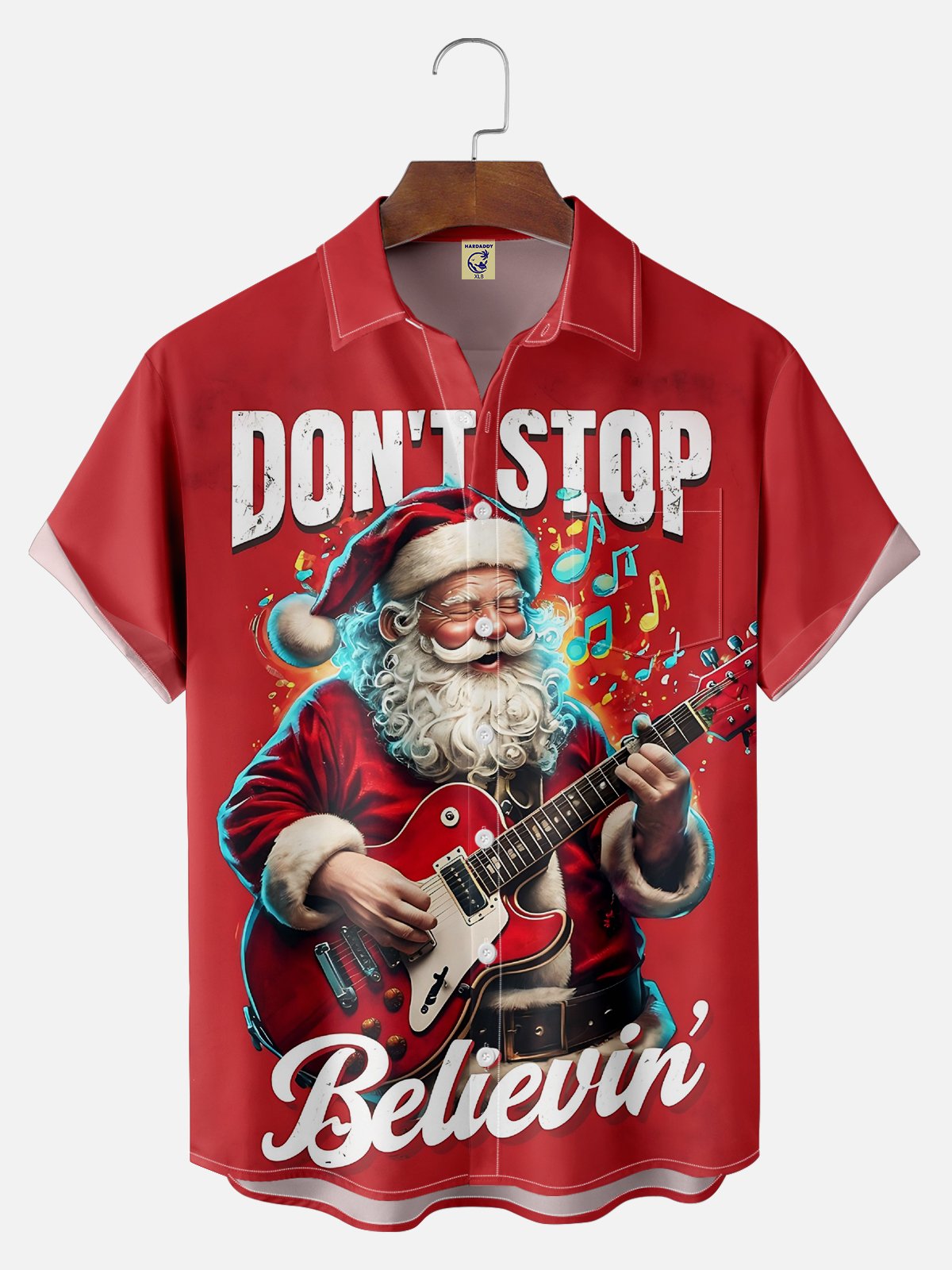 Big Size Moisture-wicking Christmas Santa Claus Rock Music Chest Pocket Casual Shirt