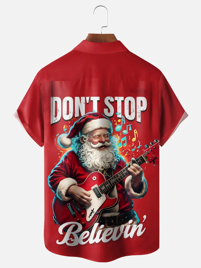 Tall Size Moisture-wicking Christmas Santa Claus Rock Music Chest Pocket Casual Shirt