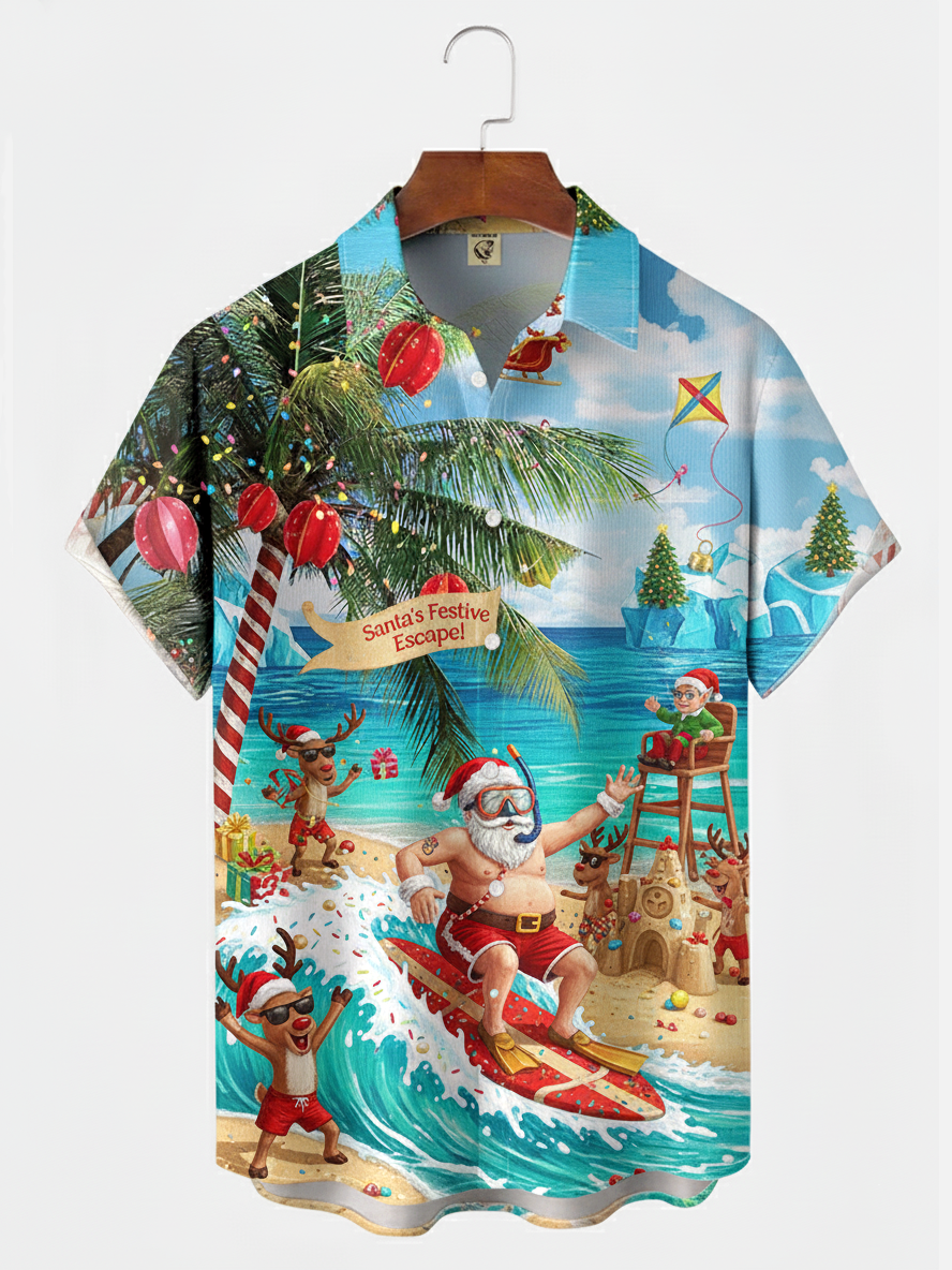 Moisture-wicking Christmas Santa Claus On Vacation Chest Pocket Holiday Shirt