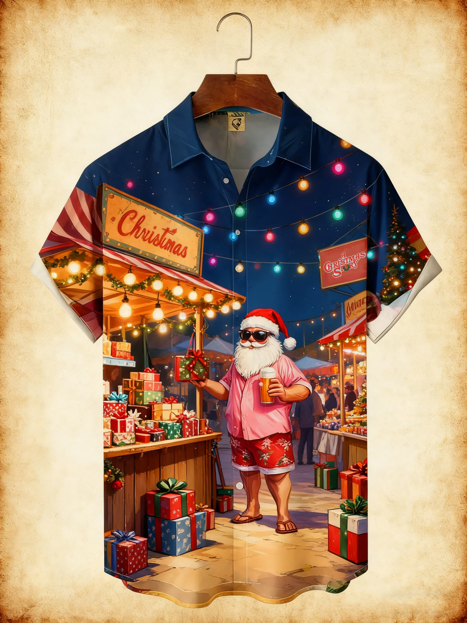 Moisture-wicking Christmas Santa Claus Chest Pocket Casual Shirt