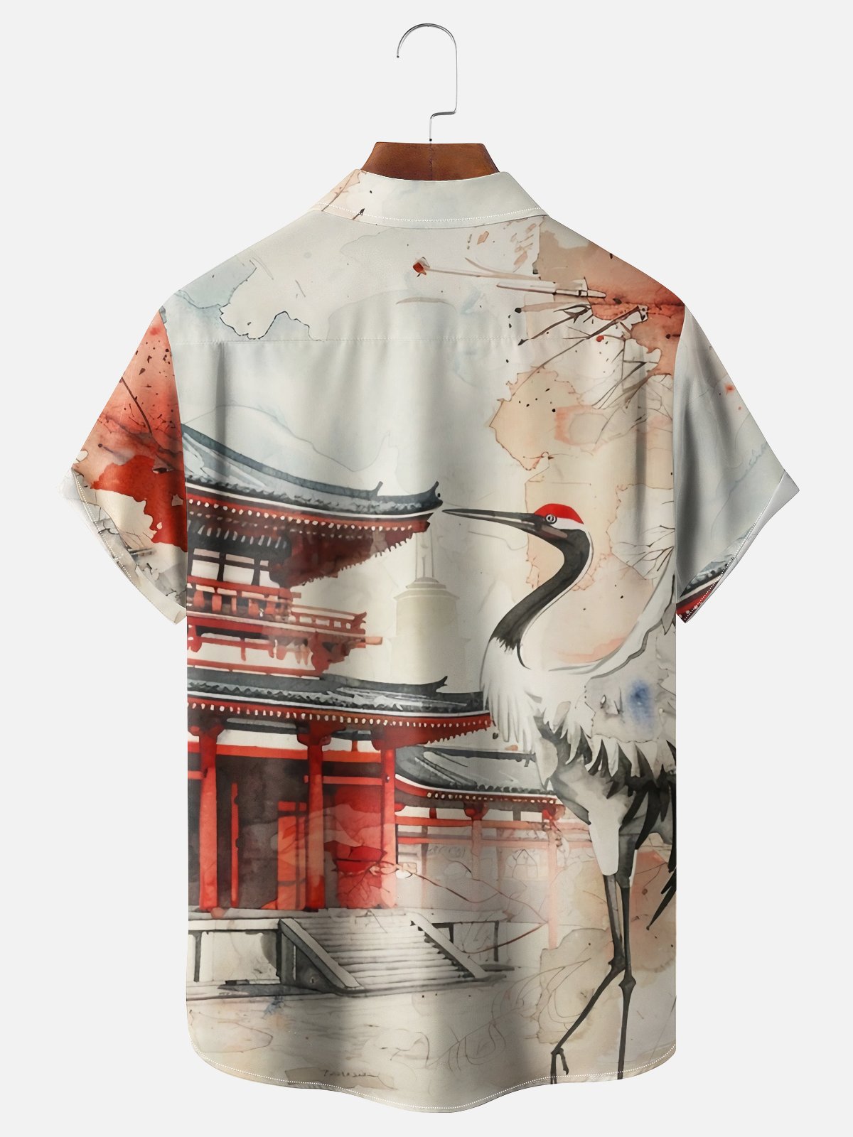 Moisture Wicking Japanese Cultural Architecture Crane Changing Color Chest Pocket Hawaiian Shirt