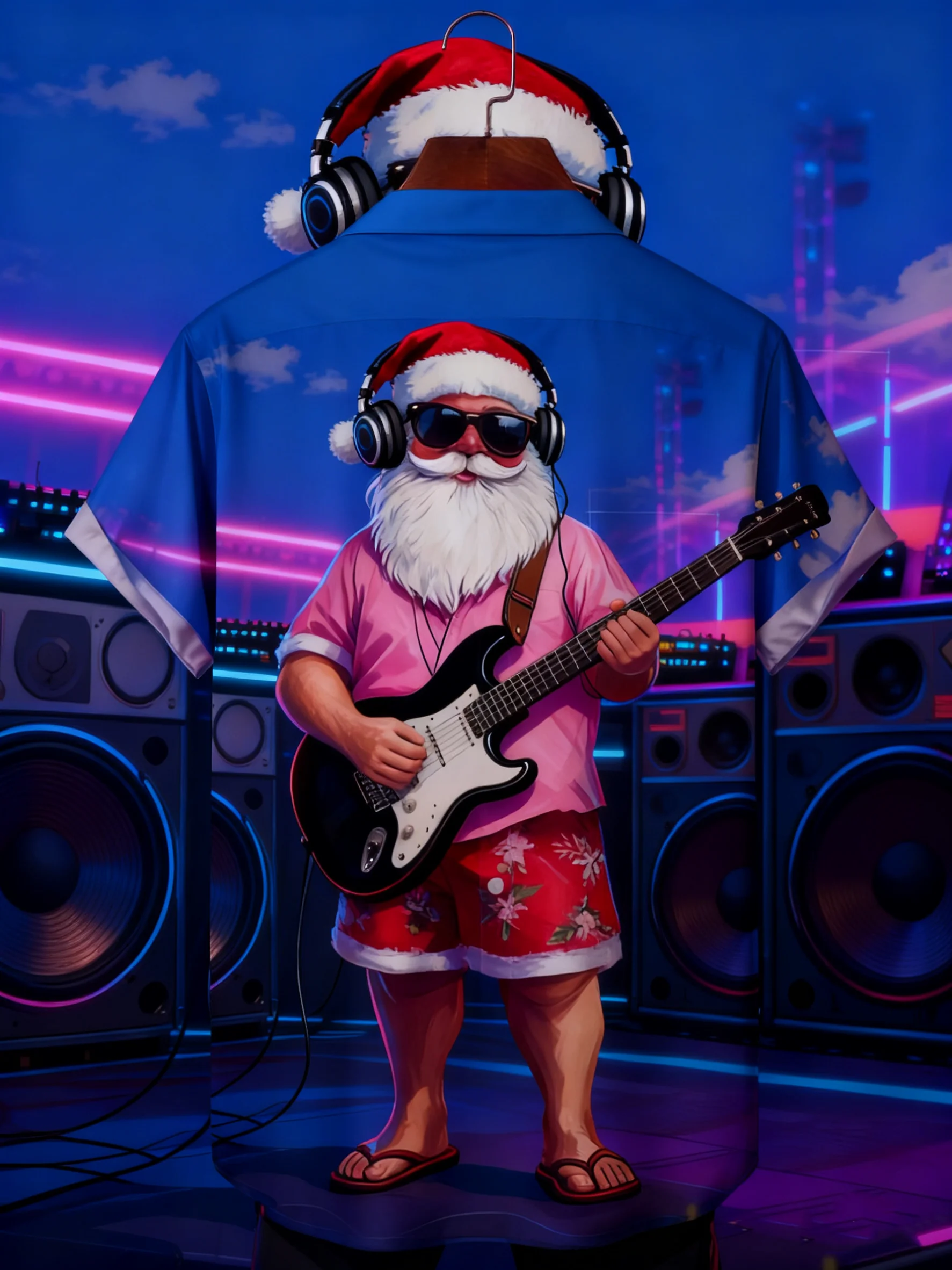 Moisture-wicking Christmas Santa Claus Music Guitar Chest Pocket Casual Shirt