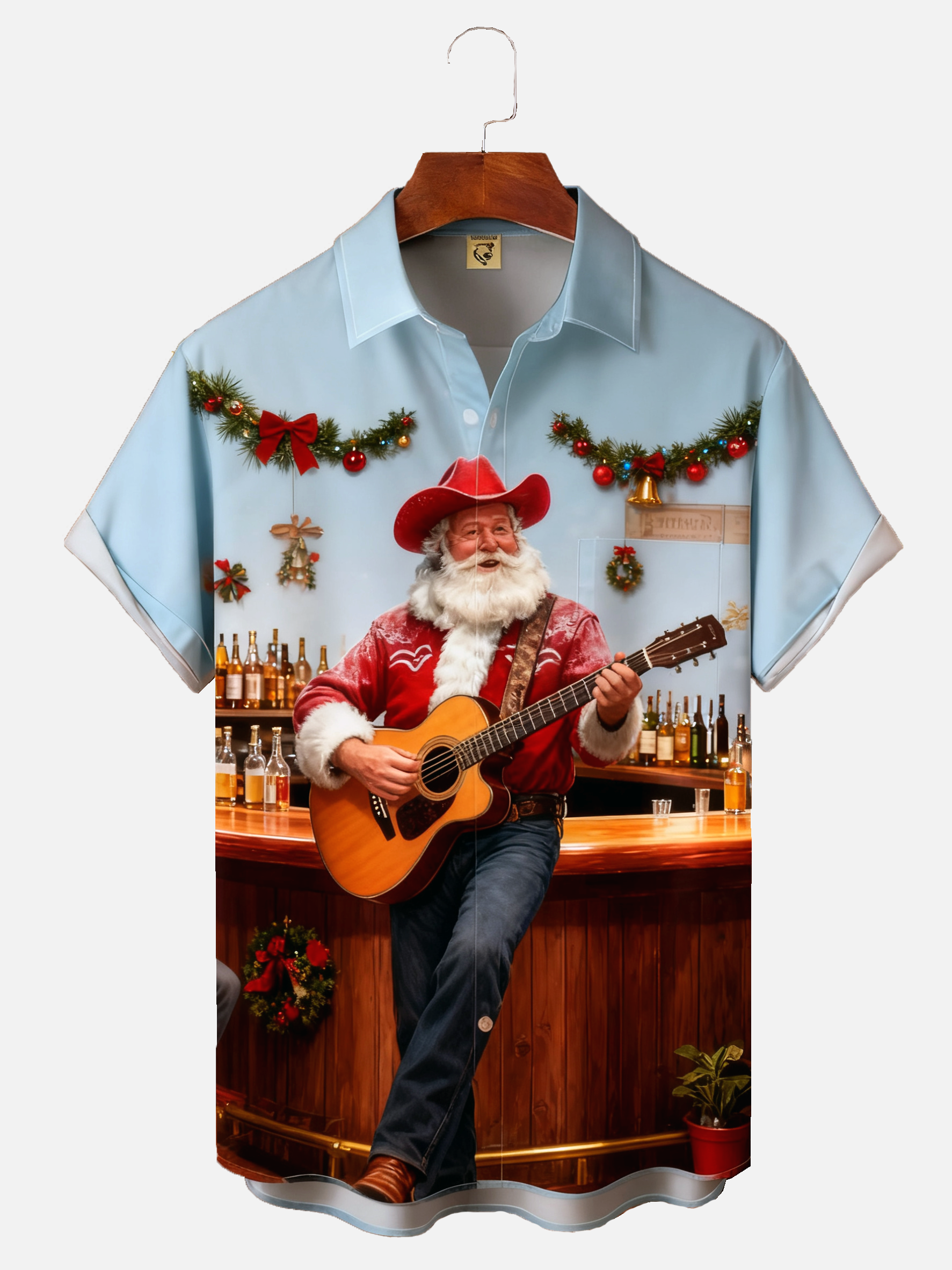 Moisture-wicking Christmas Santa Claus Western Cowboy Music Guitar Chest Pocket Casual Shirt