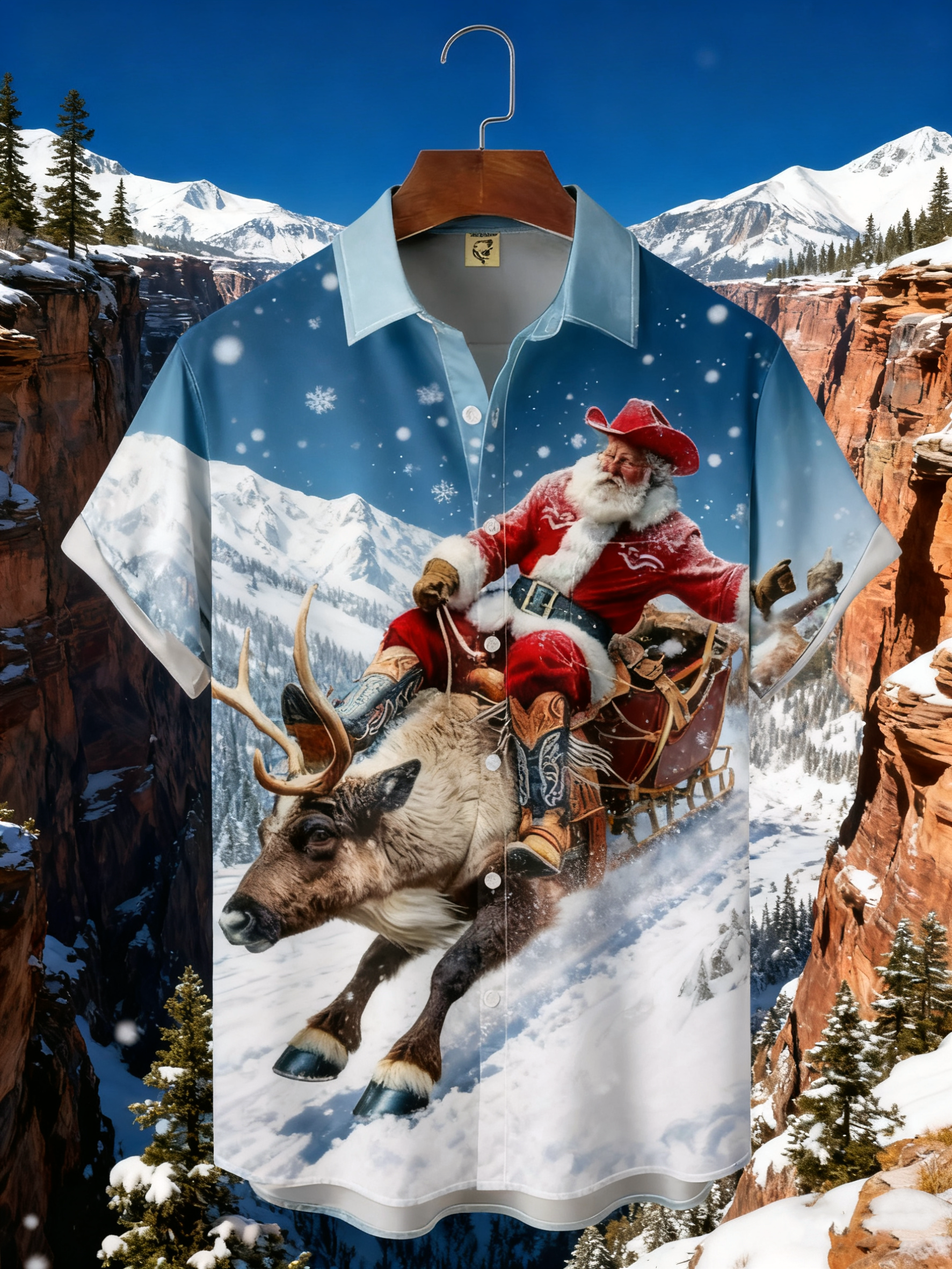 Moisture-wicking Christmas Santa Claus Rodeo Chest Pocket Casual Shirt