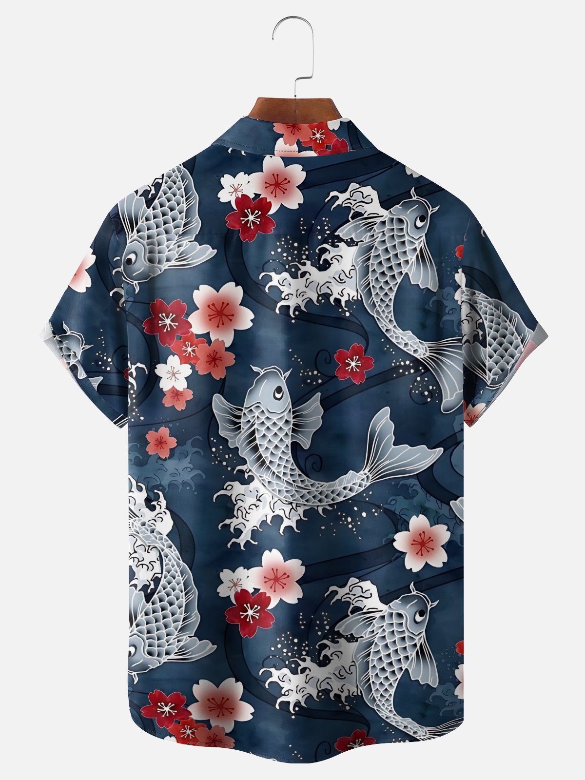 Moisture Wicking Japanese Culture Cherry Blossom Koi Waves Chest Pocket Hawaiian Shirt