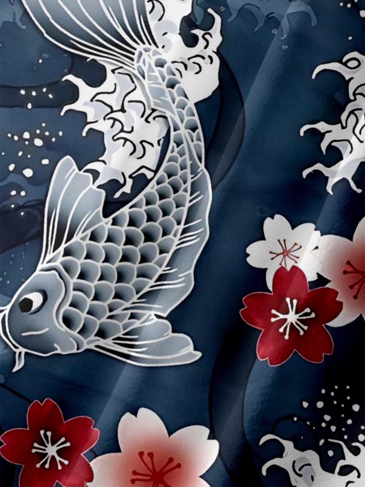 Moisture Wicking Japanese Culture Cherry Blossom Koi Waves Chest Pocket Hawaiian Shirt