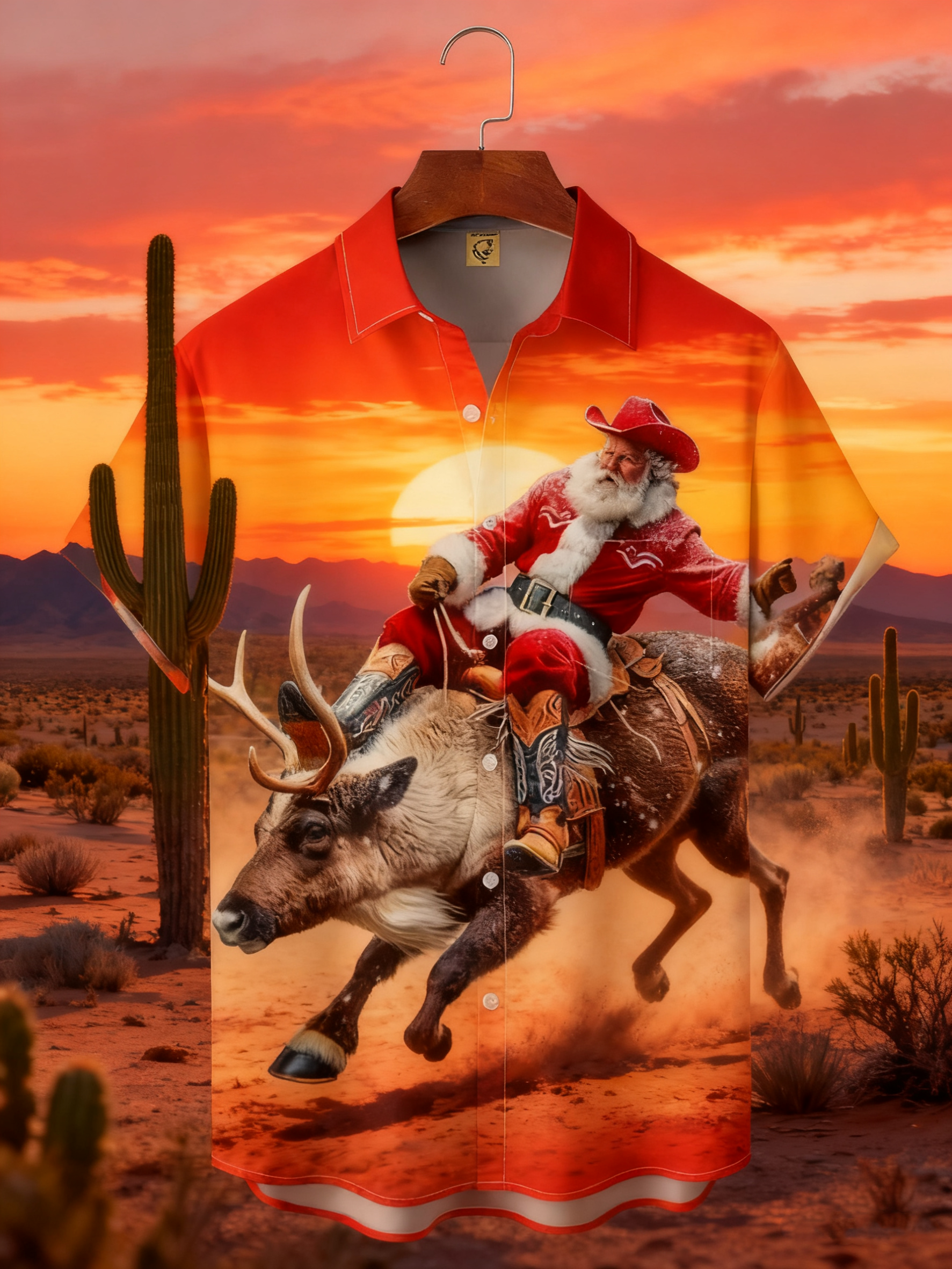 Moisture-wicking Christmas Santa Claus Rodeo Chest Pocket Casual Shirt