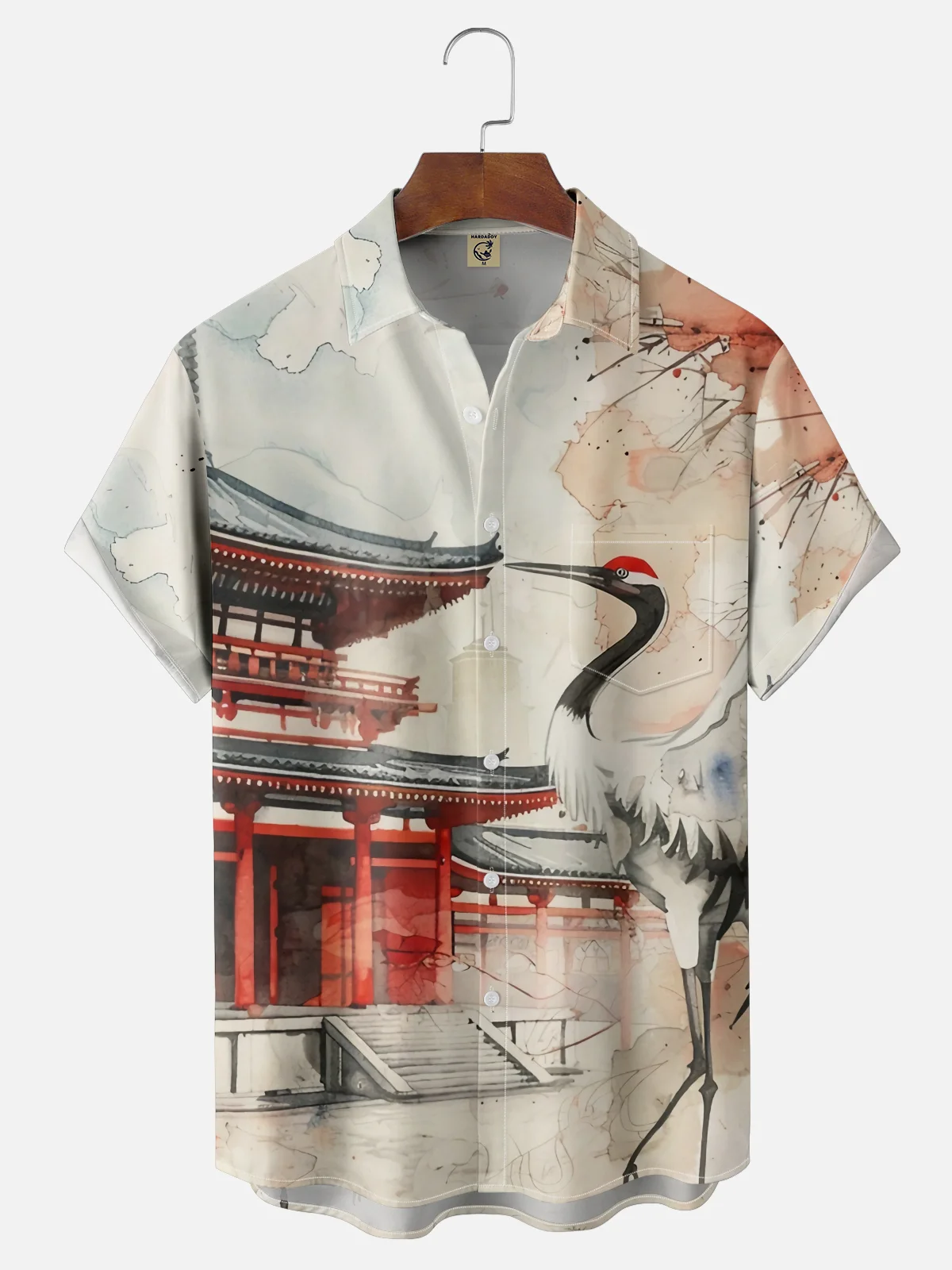 Moisture Wicking Japanese Cultural Architecture Crane Changing Color Chest Pocket Hawaiian Shirt