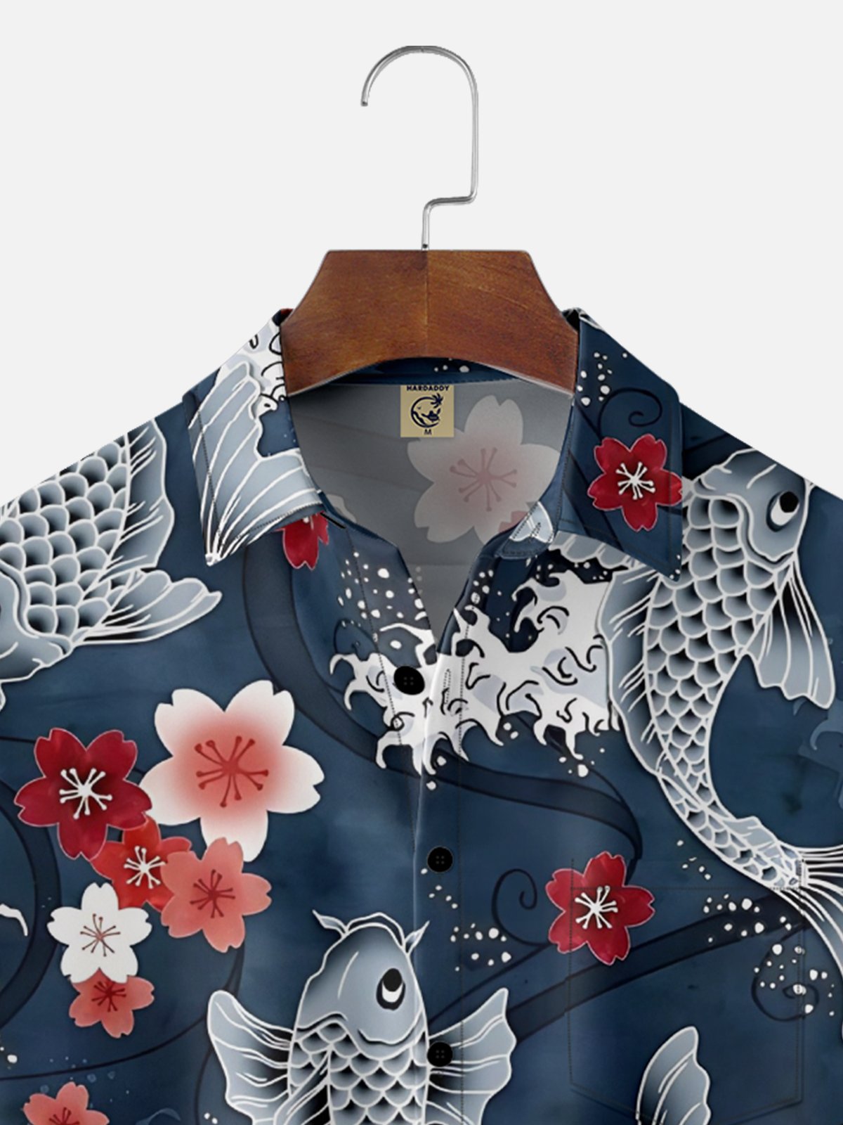 Moisture Wicking Japanese Culture Cherry Blossom Koi Waves Chest Pocket Hawaiian Shirt