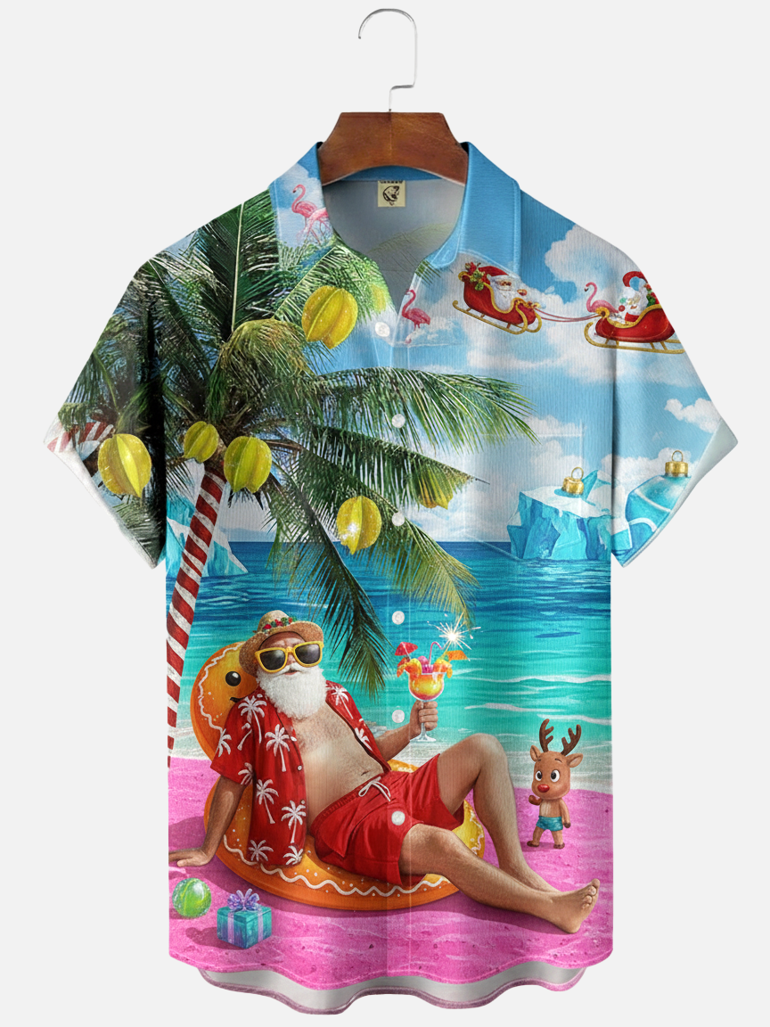 Moisture-wicking Christmas Santa Claus on Vacation Cocktail Tropical Chest Pocket Holiday Shirt