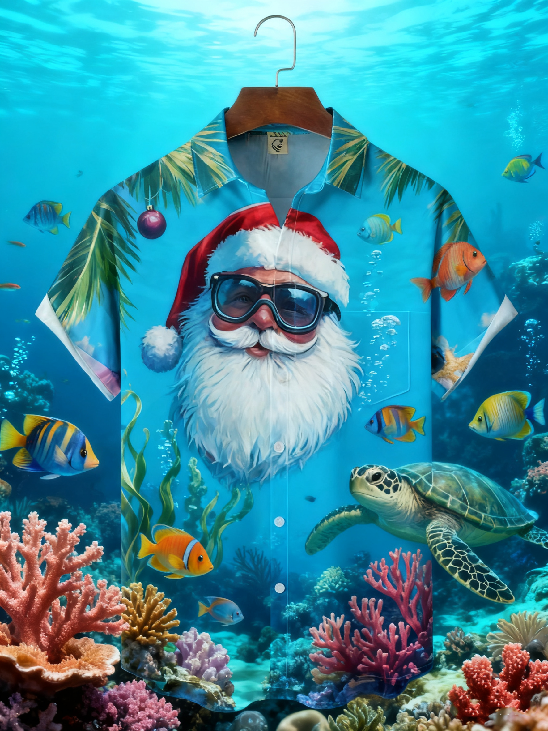 Moisture-wicking Christmas Santa Claus Marine Life Seaturtle Chest Pocket Casual Shirt