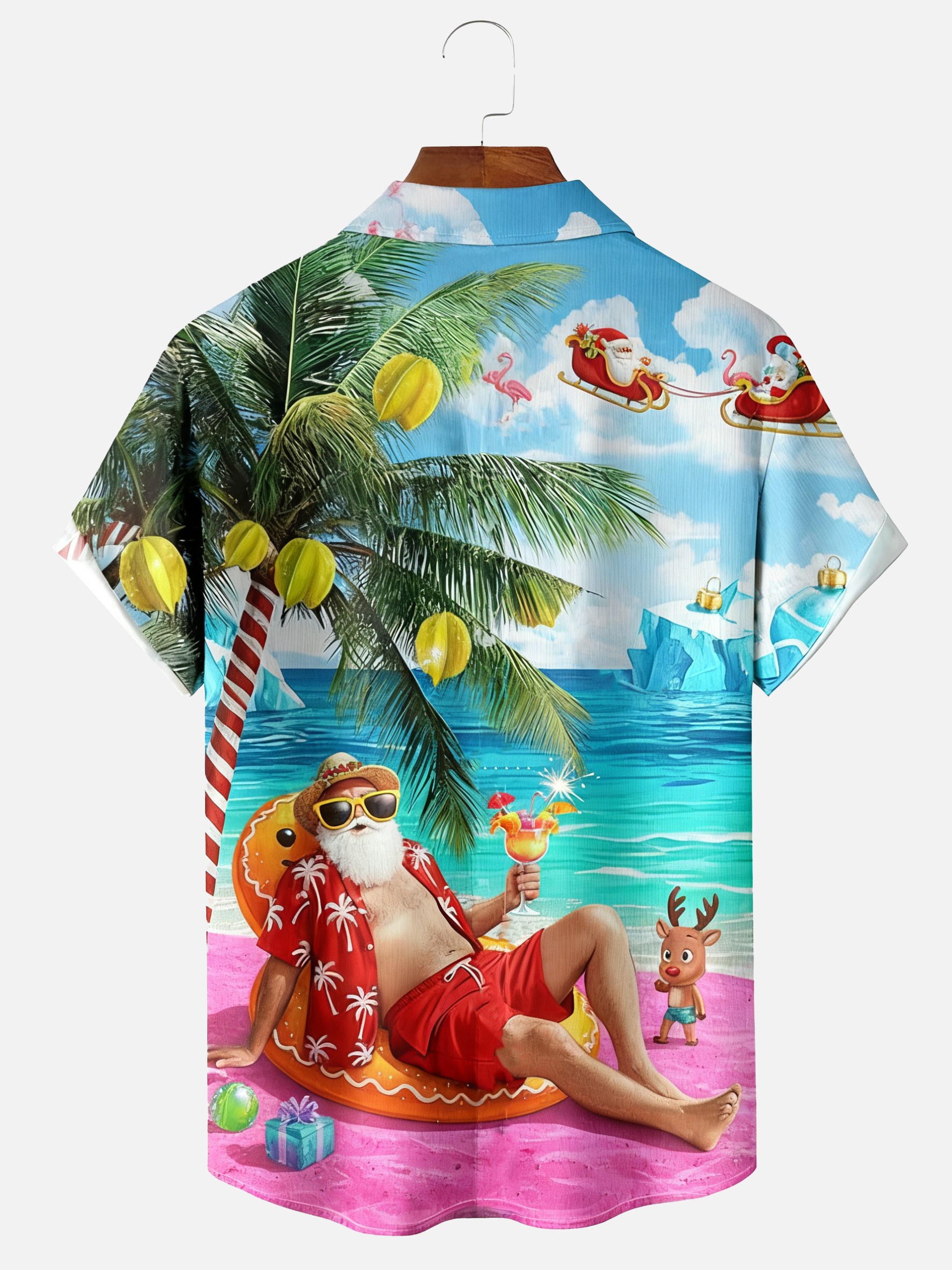 Moisture-wicking Christmas Santa Claus on Vacation Cocktail Tropical Chest Pocket Holiday Shirt
