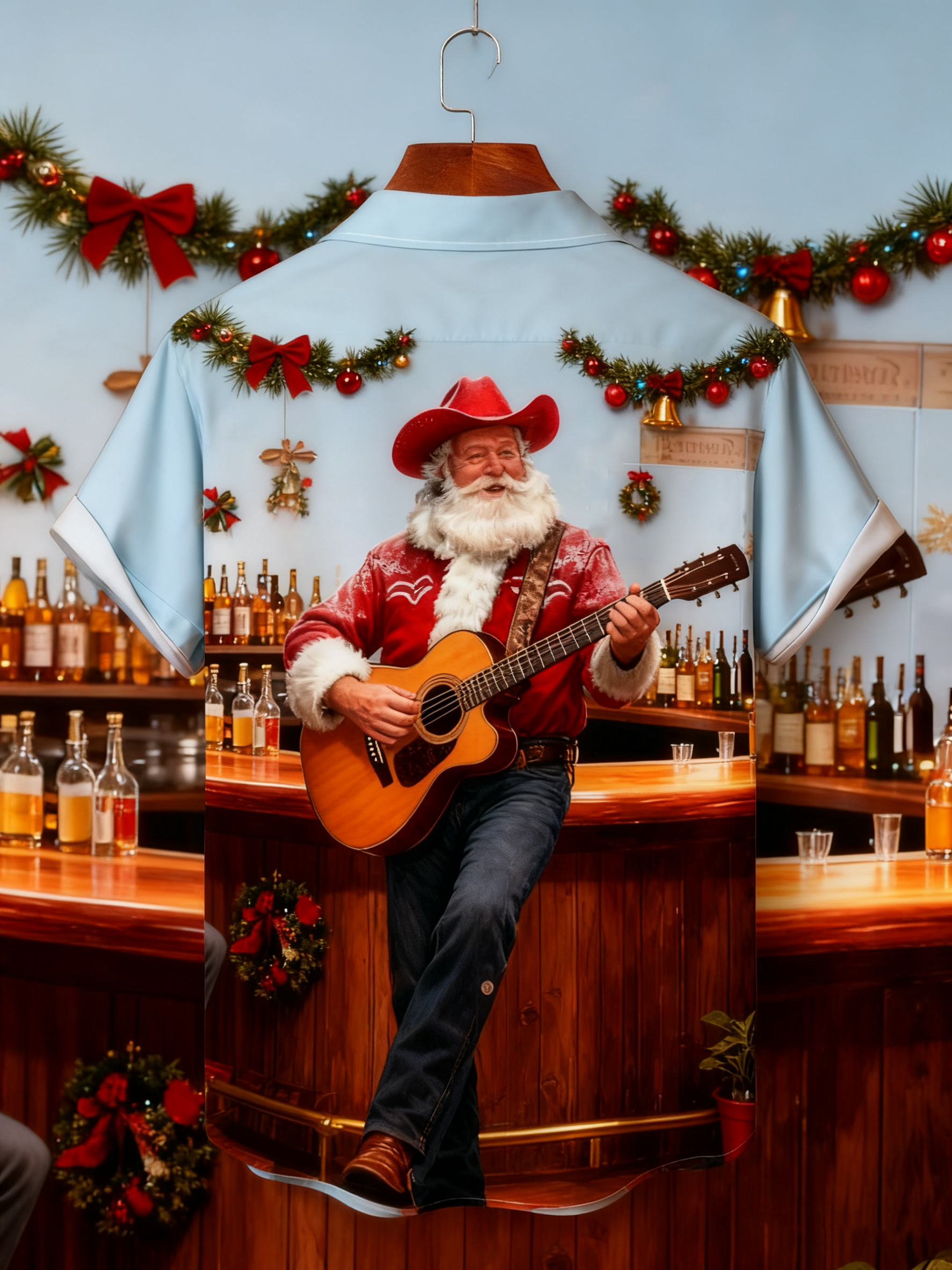 Moisture-wicking Christmas Santa Claus Western Cowboy Music Guitar Chest Pocket Casual Shirt