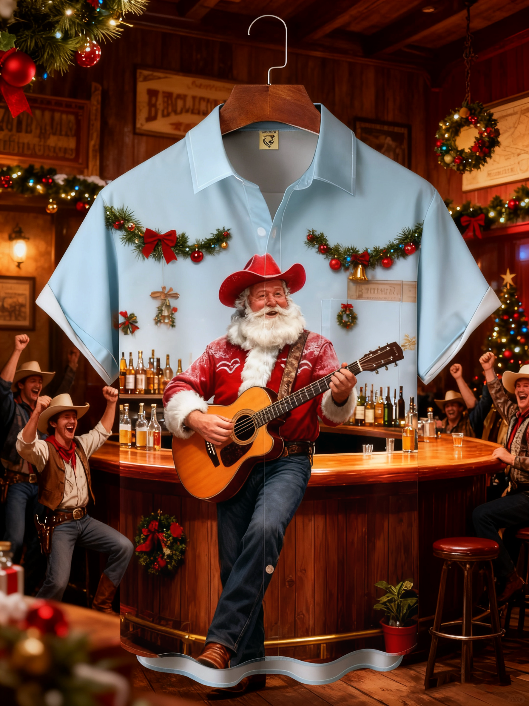 Moisture-wicking Christmas Santa Claus Western Cowboy Music Guitar Chest Pocket Casual Shirt