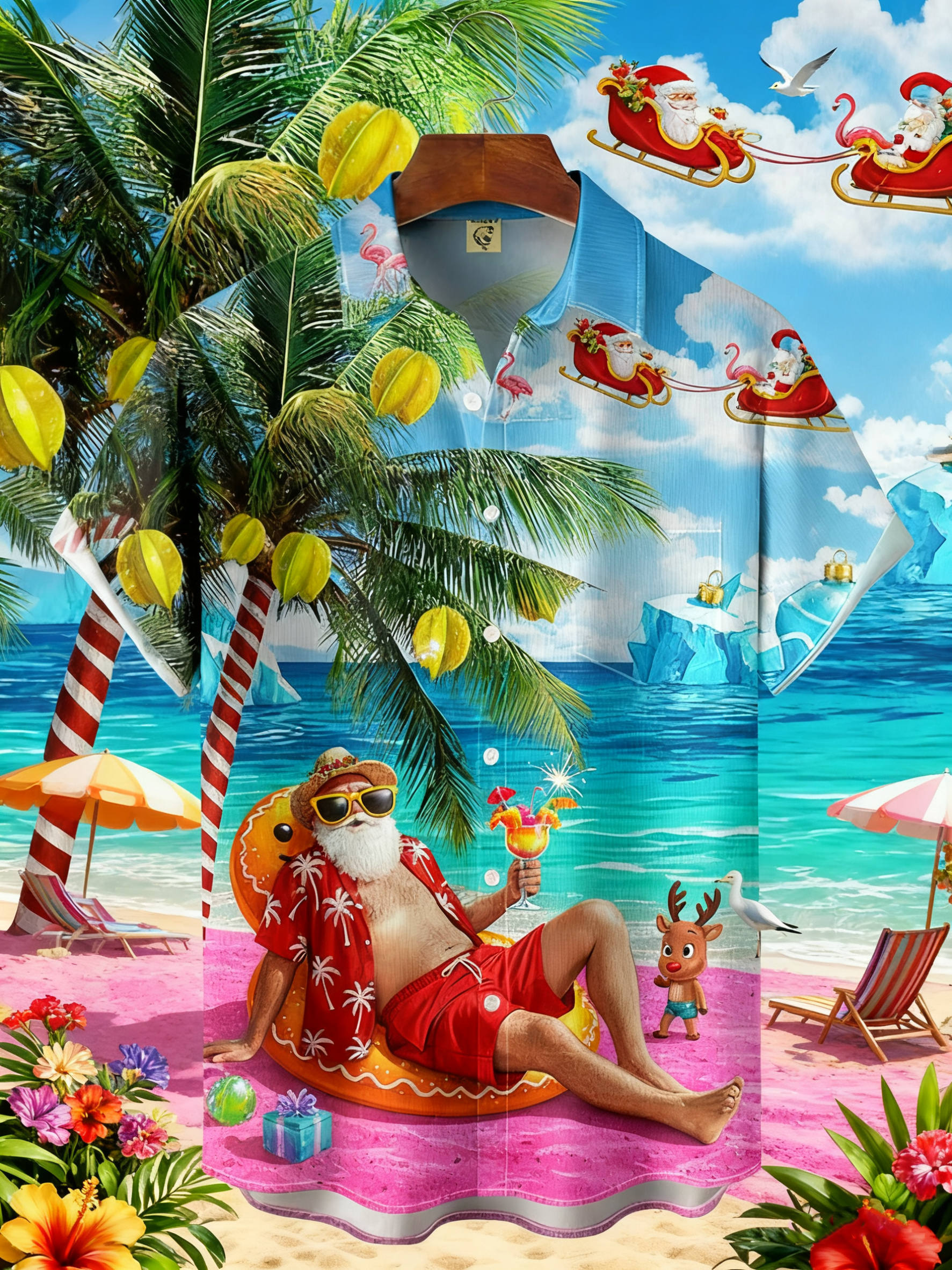 Moisture-wicking Christmas Santa Claus on Vacation Cocktail Tropical Chest Pocket Holiday Shirt