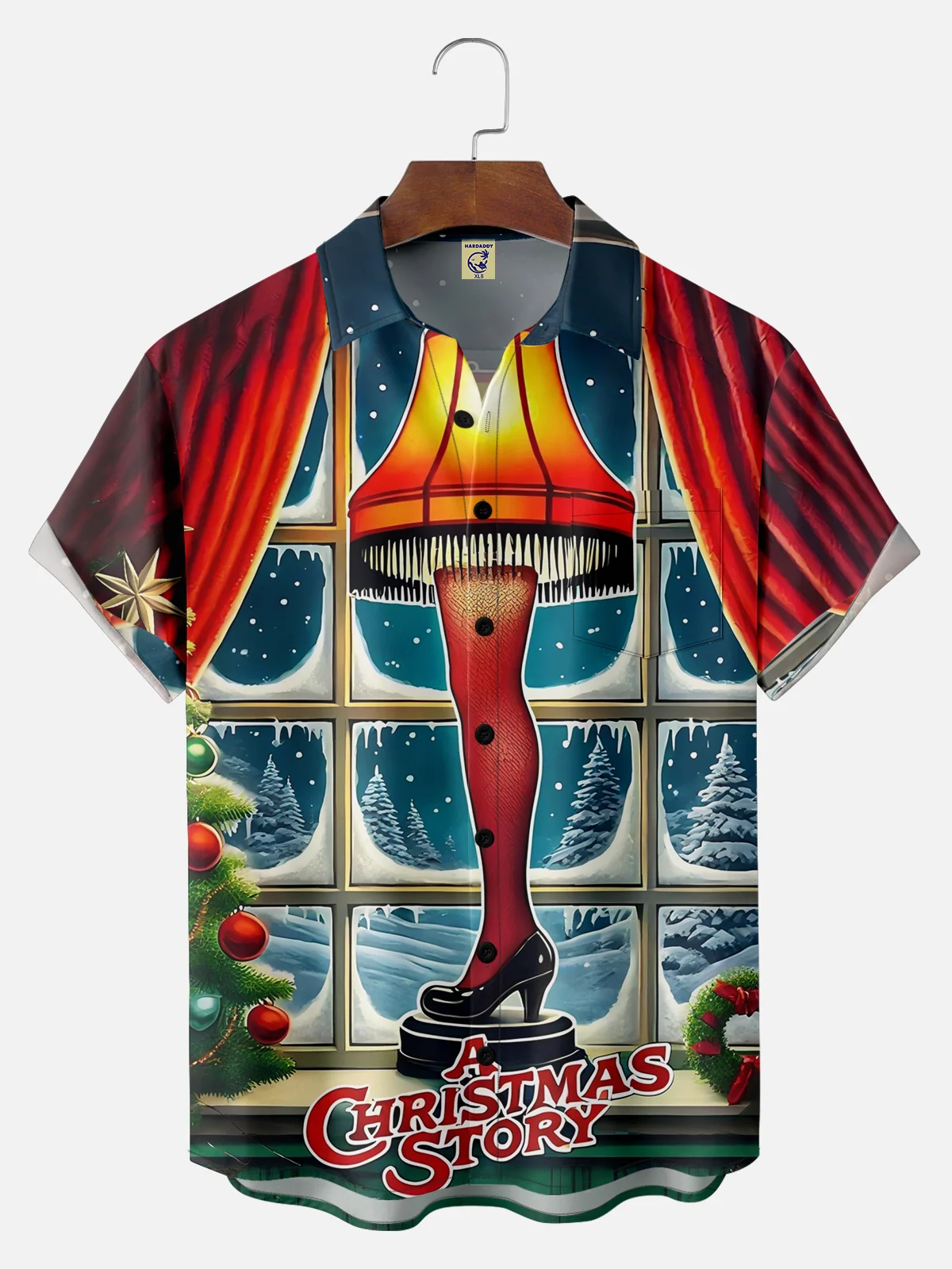 Big Size Moisture-Wicking Christmas Christmas Story Leg Lamp Chest Pocket Hawaiian Shirt