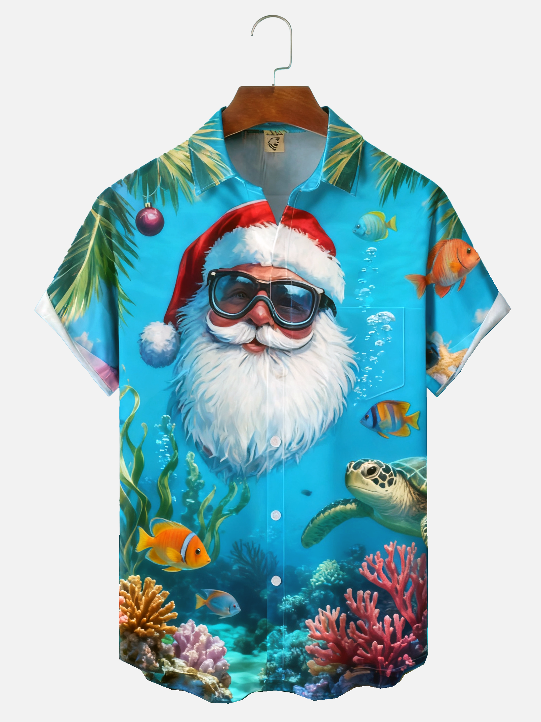 Moisture-wicking Christmas Santa Claus Marine Life Seaturtle Chest Pocket Casual Shirt