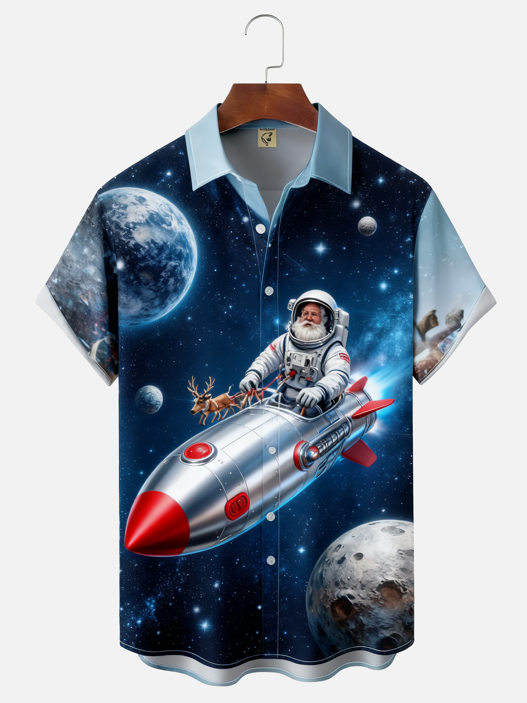 Moisture-wicking Christmas Santa Claus On Rocket Chest Pocket Holiday Shirt