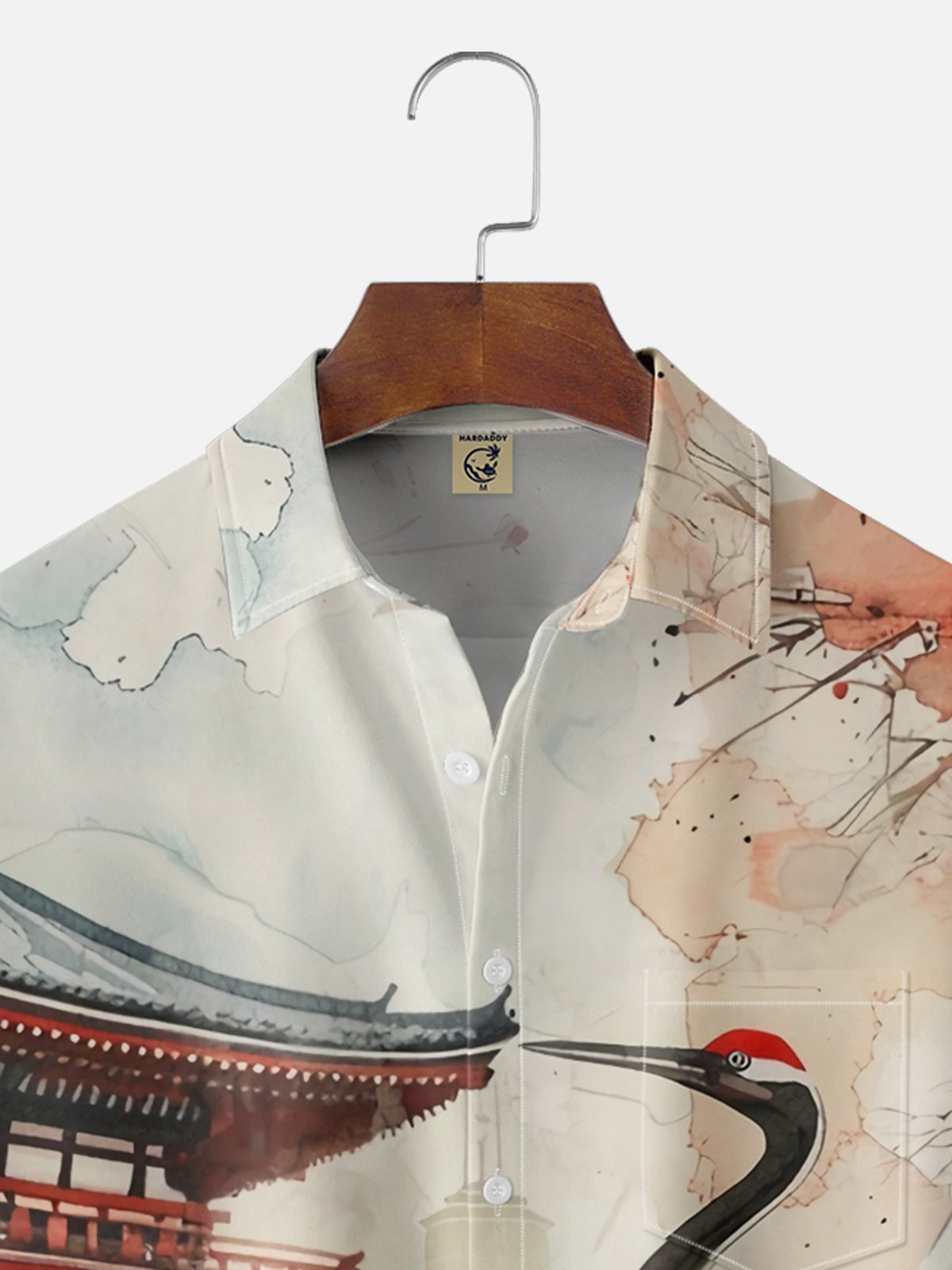 Moisture Wicking Japanese Cultural Architecture Crane Changing Color Chest Pocket Hawaiian Shirt