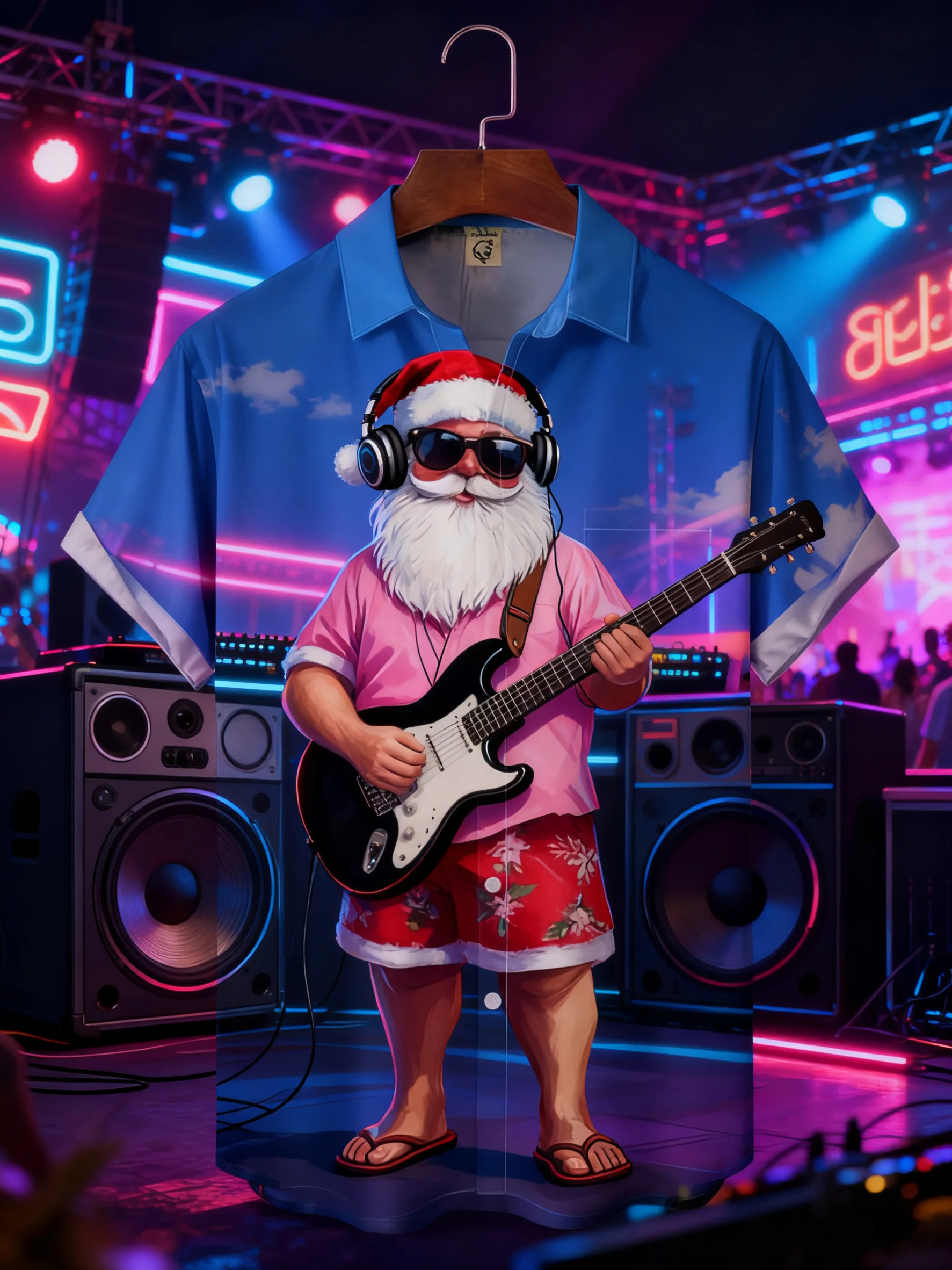 Moisture-wicking Christmas Santa Claus Music Guitar Chest Pocket Casual Shirt