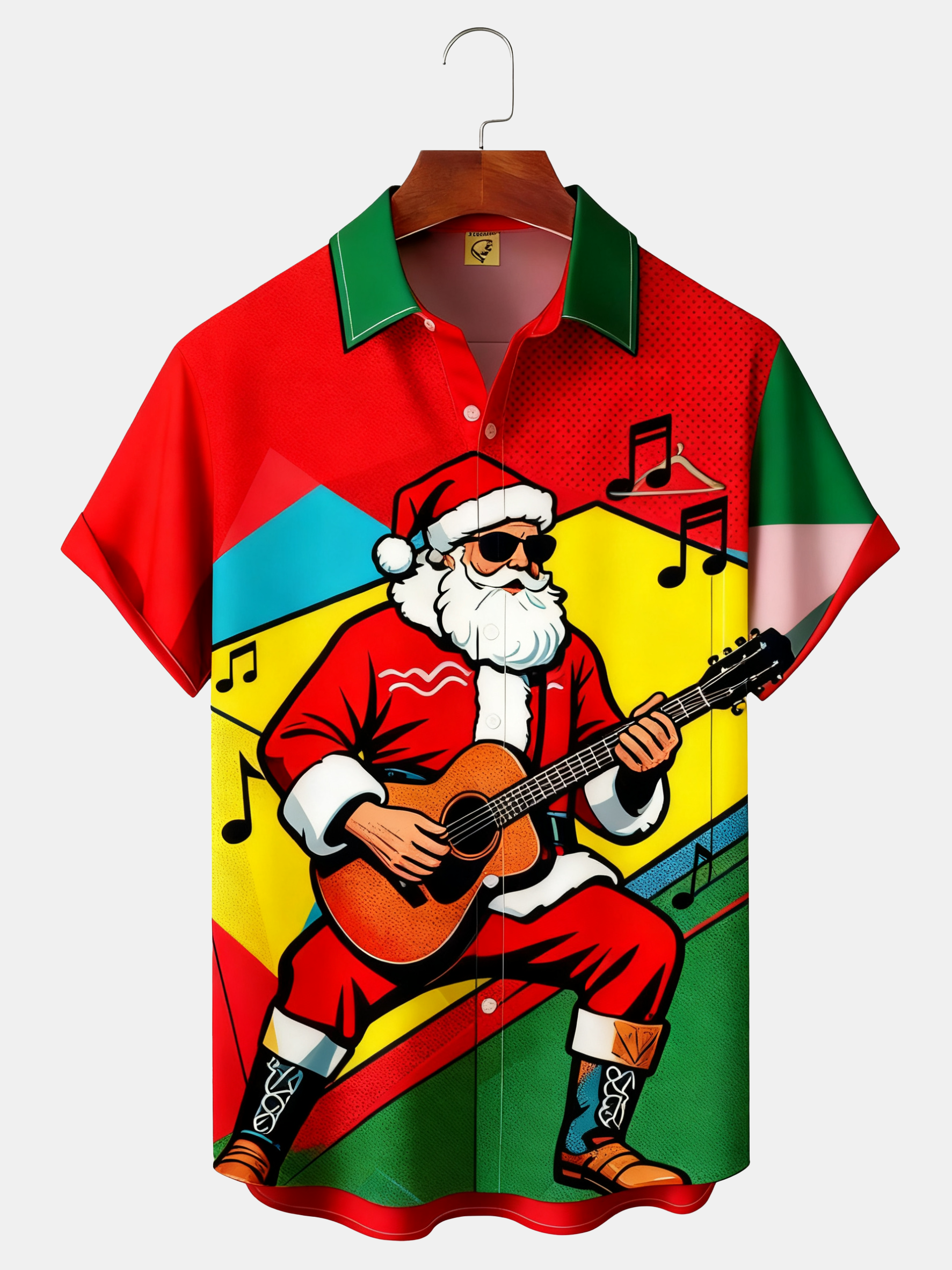Moisture-wicking Christmas Santa Claus Music Guitar Chest Pocket Casual Shirt