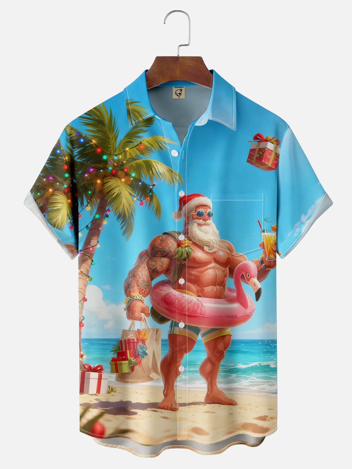 Moisture Wicking Christmas Beach Vacation Santa Claus Flamingo Chest Pocket Hawaiian Shirt