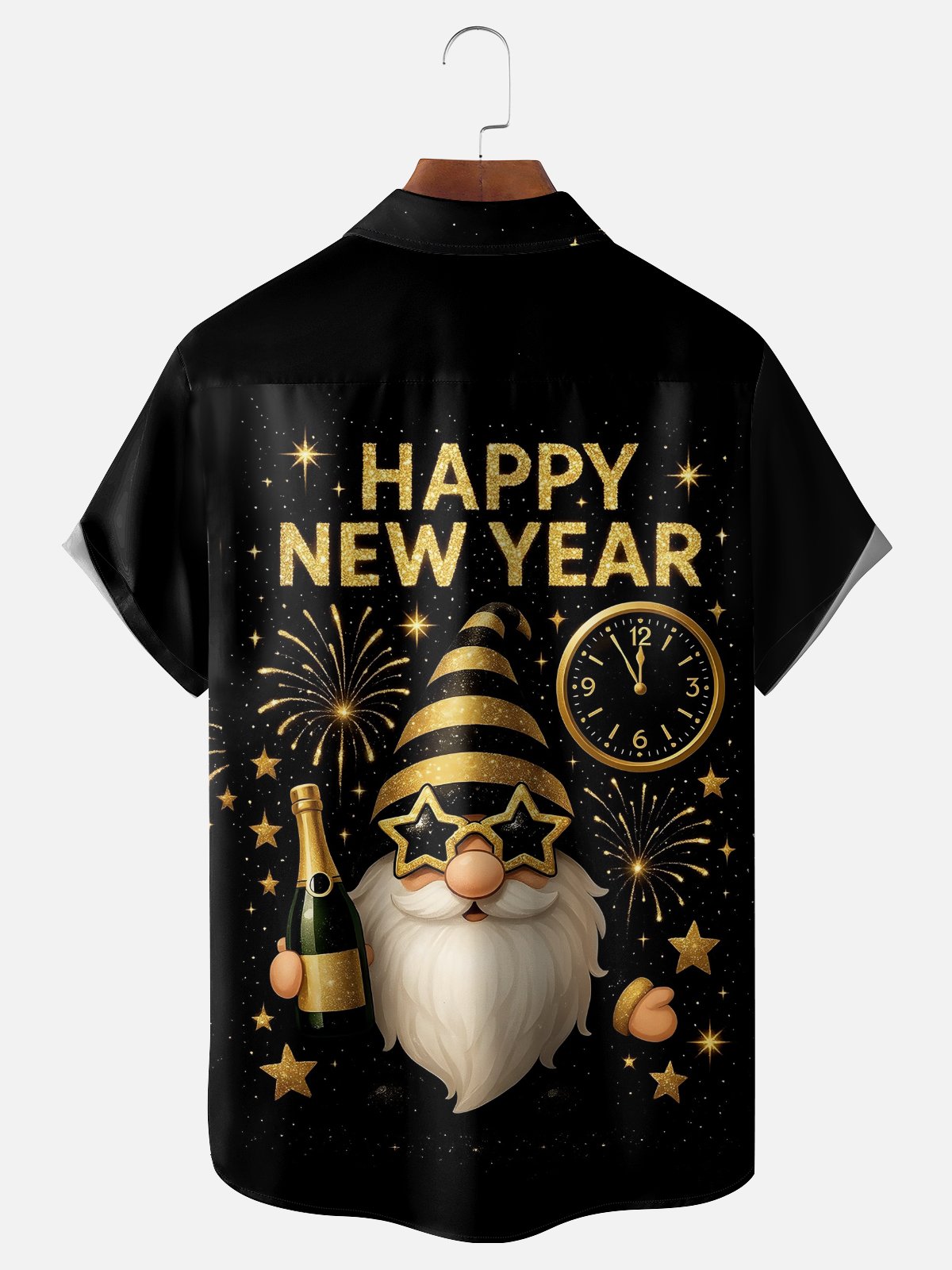 Moisture Wicking Happy New Year Wine Glass Dwarf Chest Pocket Hawaiian Shirt