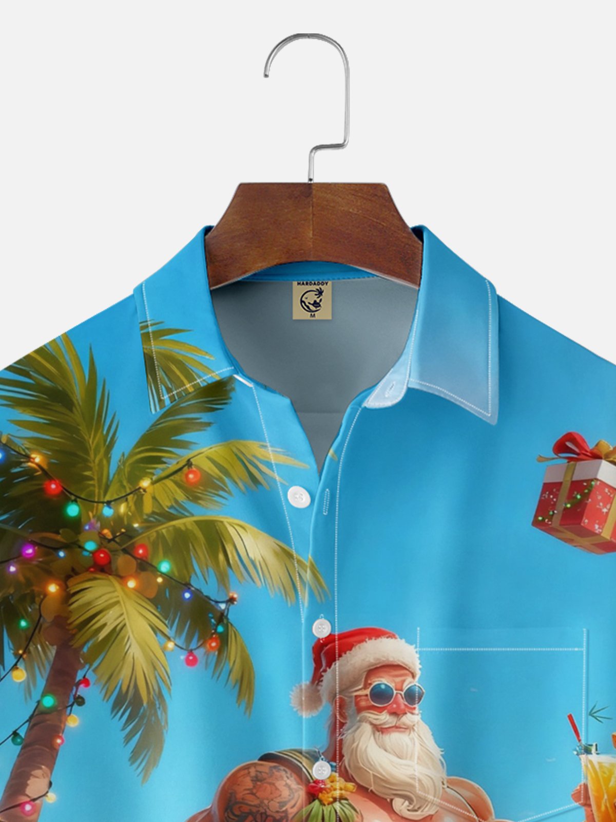 Moisture Wicking Christmas Beach Vacation Santa Claus Flamingo Chest Pocket Hawaiian Shirt