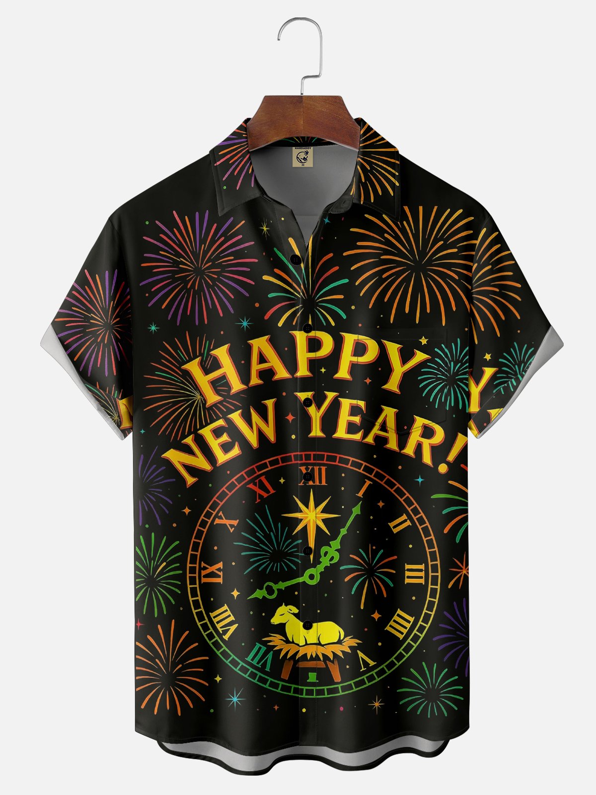 Moisture Wicking Happy New Year Hawaiian Shirt with Chest Pocket