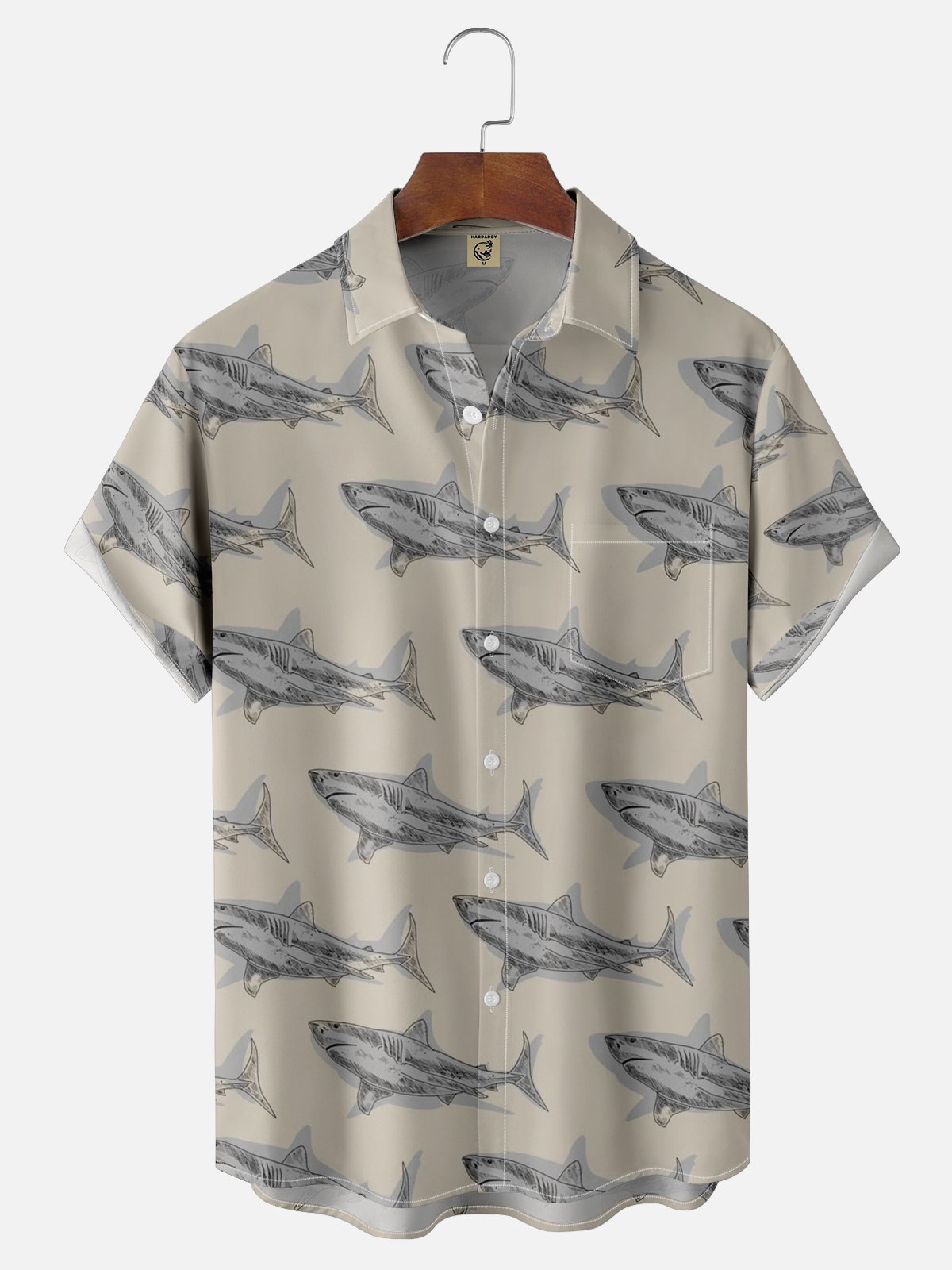 Moisture-wicking Shark Fun Print Chest Pocket Casual Shirt