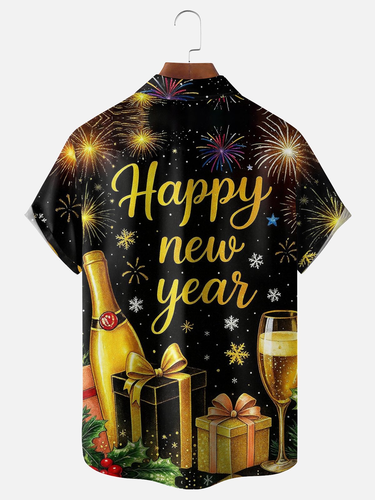 Moisture Wicking Happy New Year Wine Glass Fireworks Hawaiian Shirt with Chest Pocket