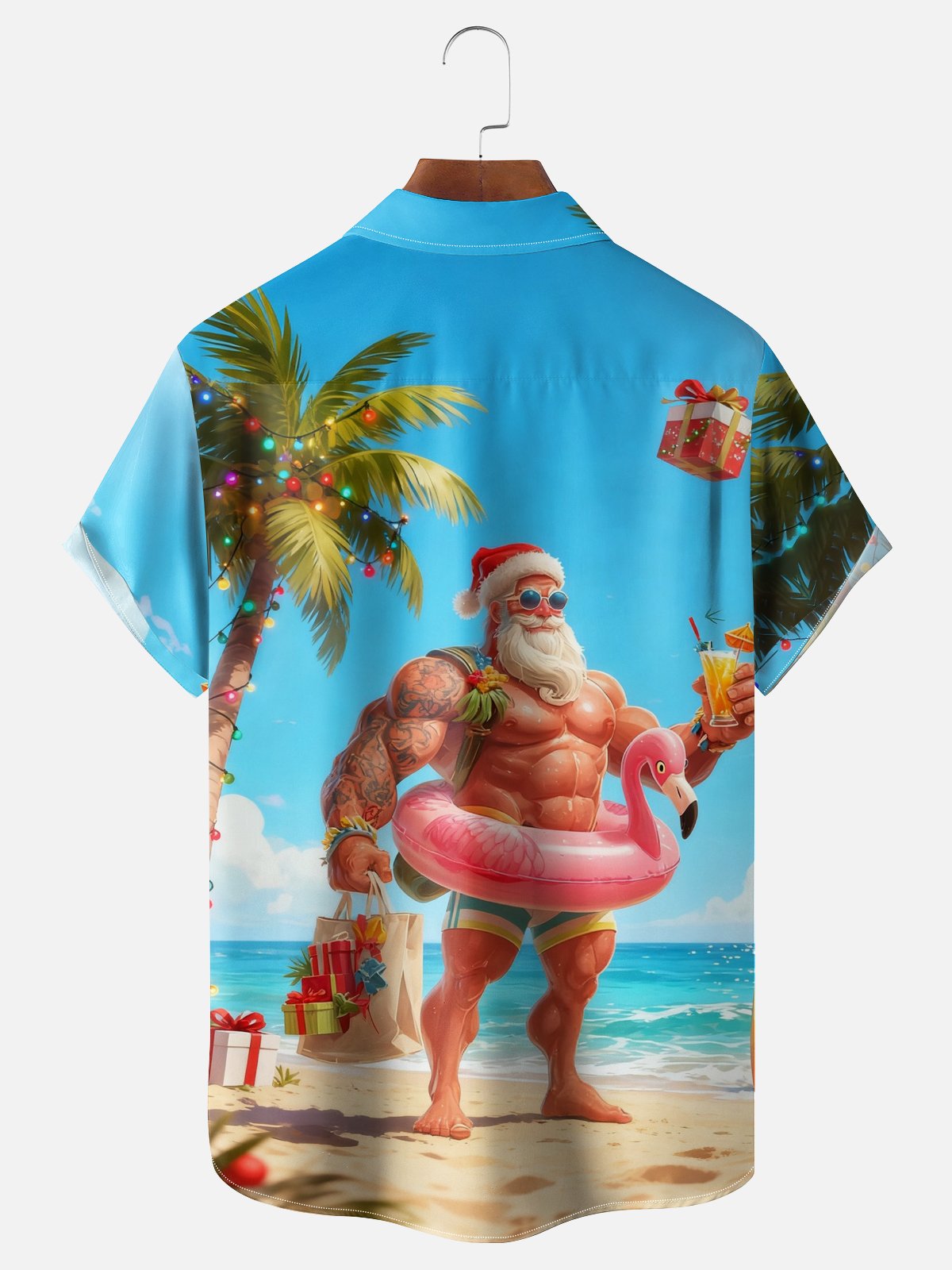 Moisture Wicking Christmas Beach Vacation Santa Claus Flamingo Chest Pocket Hawaiian Shirt