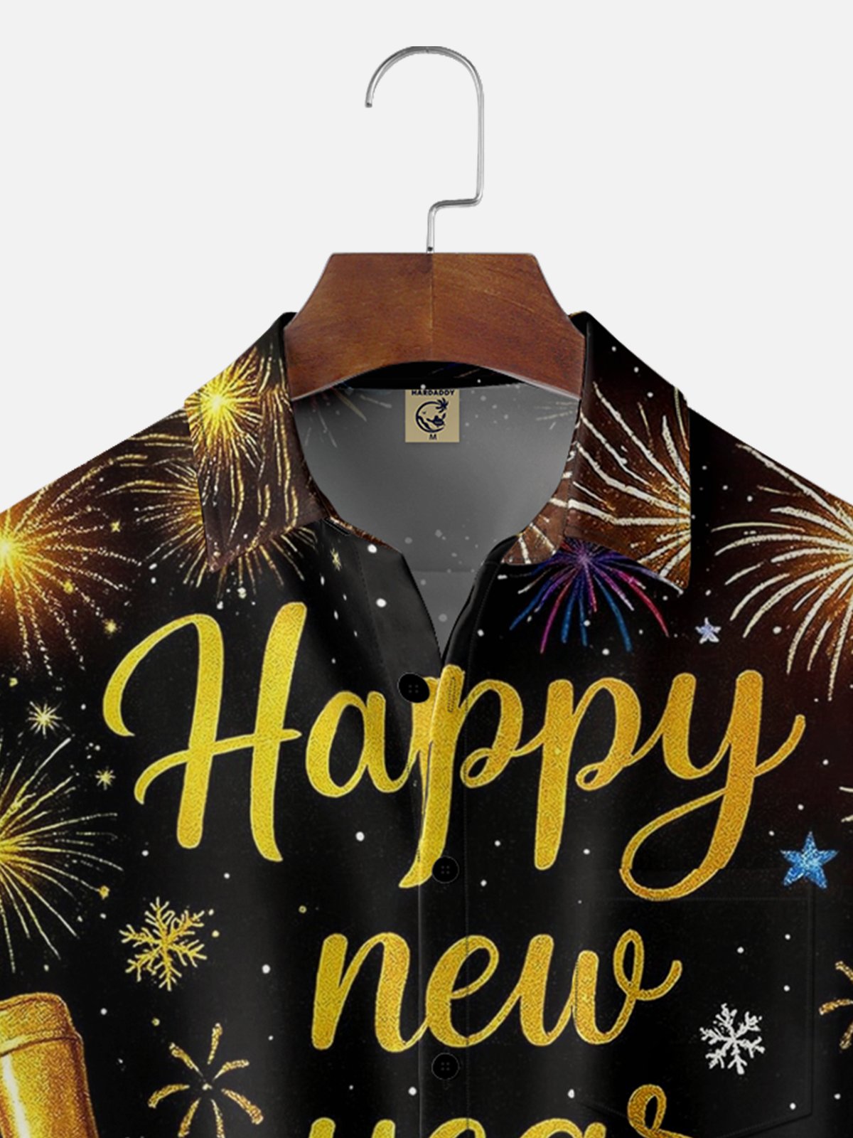 Moisture Wicking Happy New Year Wine Glass Fireworks Hawaiian Shirt with Chest Pocket