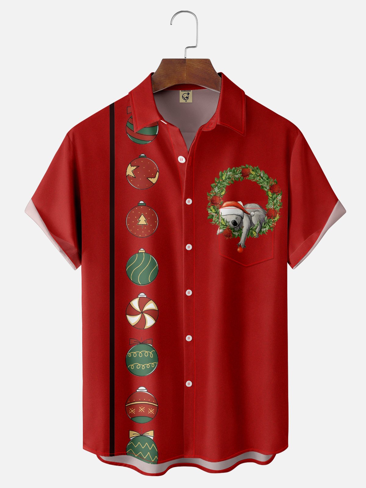 Moisture-wicking Christmas Koala Santa Hat Chest Pocket Bowling Shirt