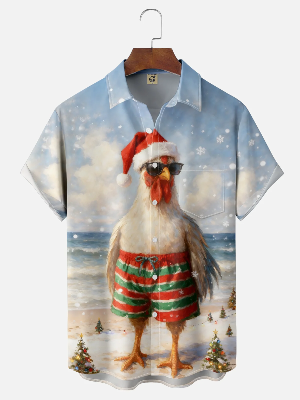 Moisture Wicking Merry Christmas Fun Beach Chicken Chest Pocket Hawaiian Shirt