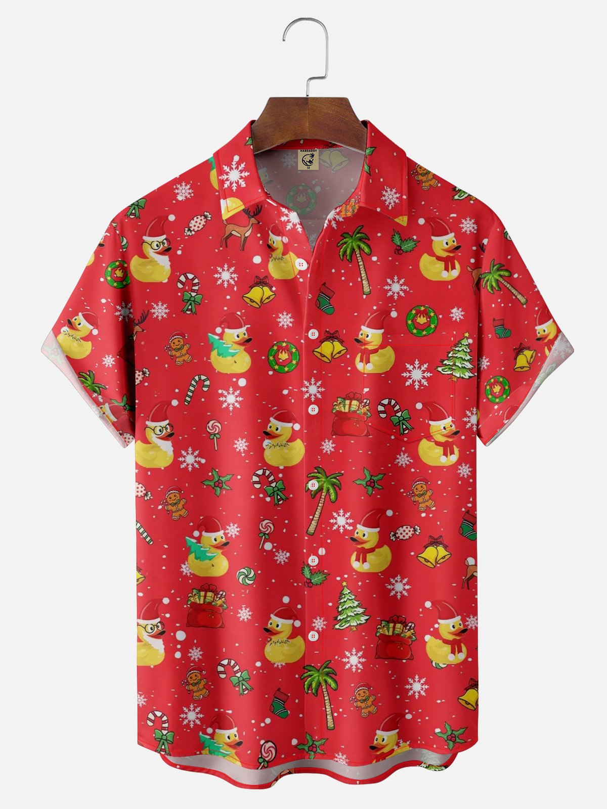 Moisture-wicking Christmas Yellow Duck Coconut Tree Chest Pocket Casual Shirt