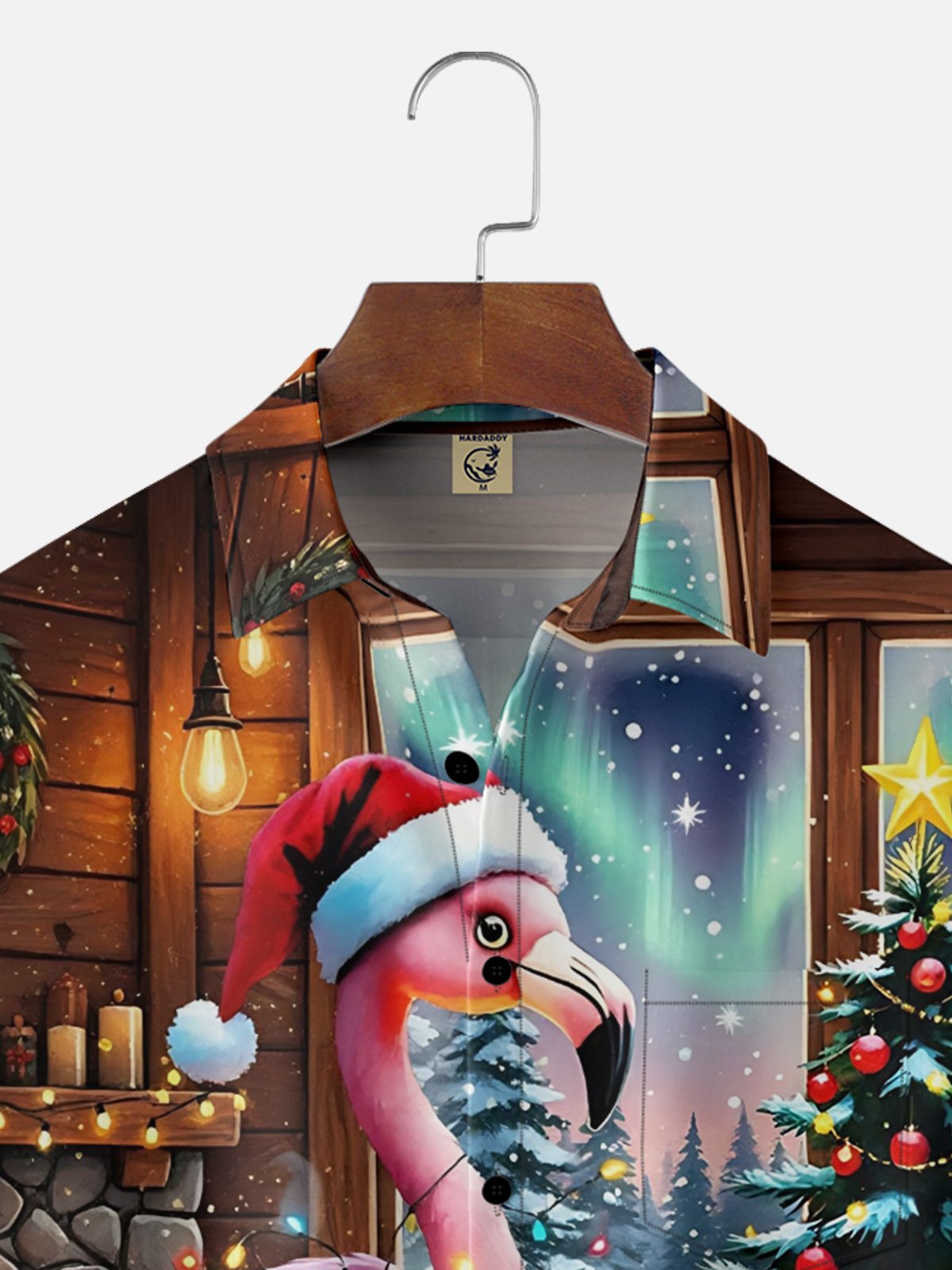 Moisture Wicking Christmas Fireplace Bonfire Flamingo Chest Pocket Hawaiian Shirt