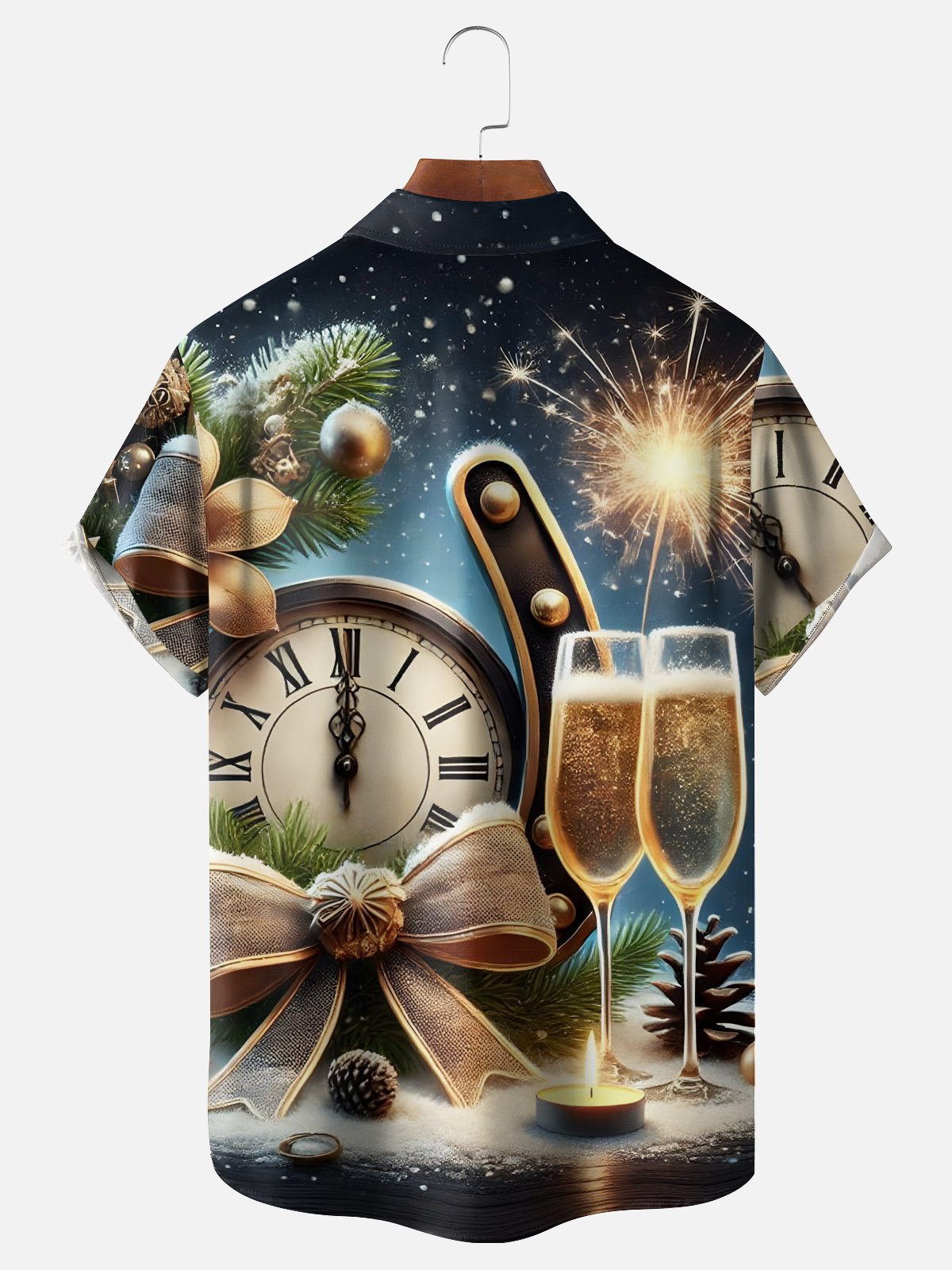 Moisture Wicking Happy New Year Champagne Glass Clock Chest Pocket Holiday Shirt