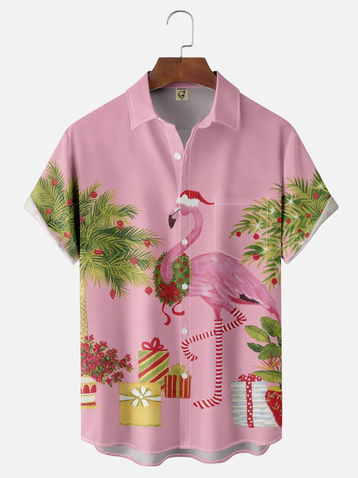 Moisture-wicking Christmas Flamingo Chest Pocket Holiday Shirt