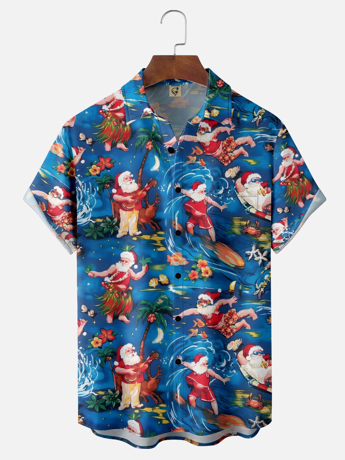 Moisture Wicking Santa Claus Surfing Guitar Coconut Tree Beach Chest Pocket Holiday Shirt