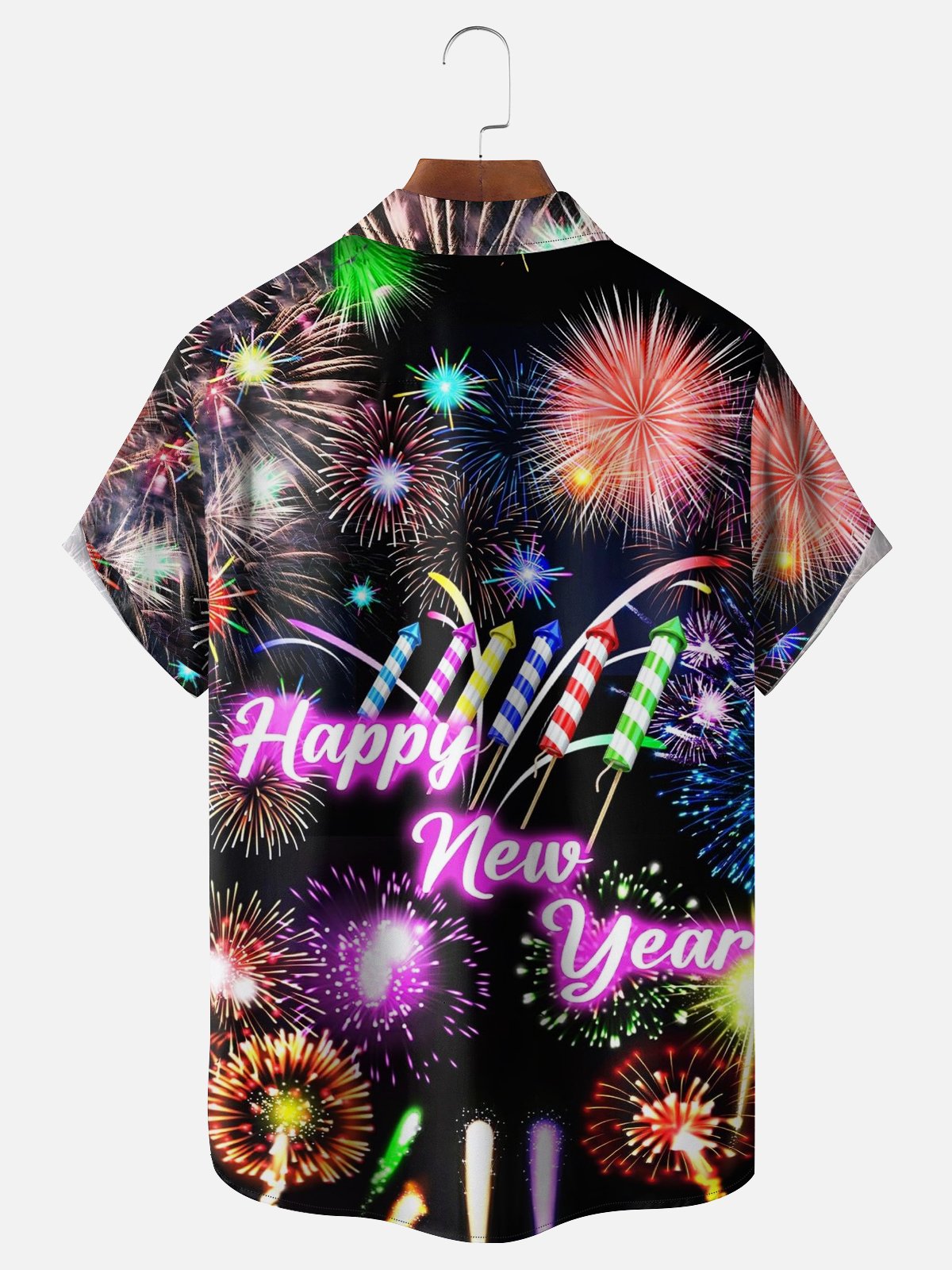 Moisture-wicking Happy New Year Fireworks Chest Pocket Casual Shirt