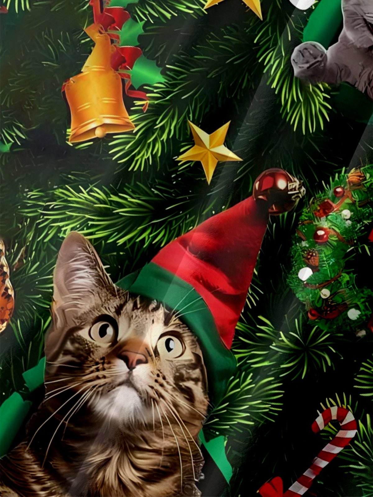 Moisture-wicking Christmas Cat Bell Candy Cane Chest Pocket Casual Shirt