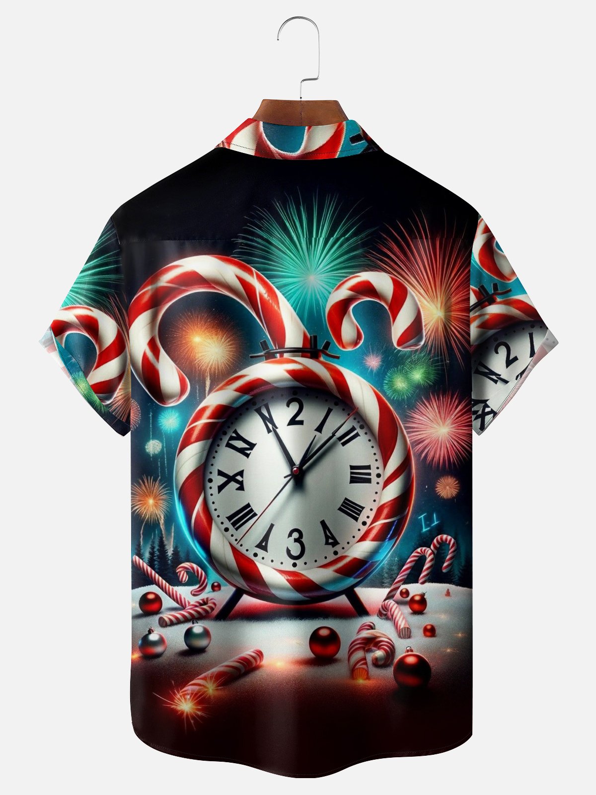 Moisture Wicking Happy New Year Clock Fireworks Candy Cane Chest Pocket Holiday Shirt
