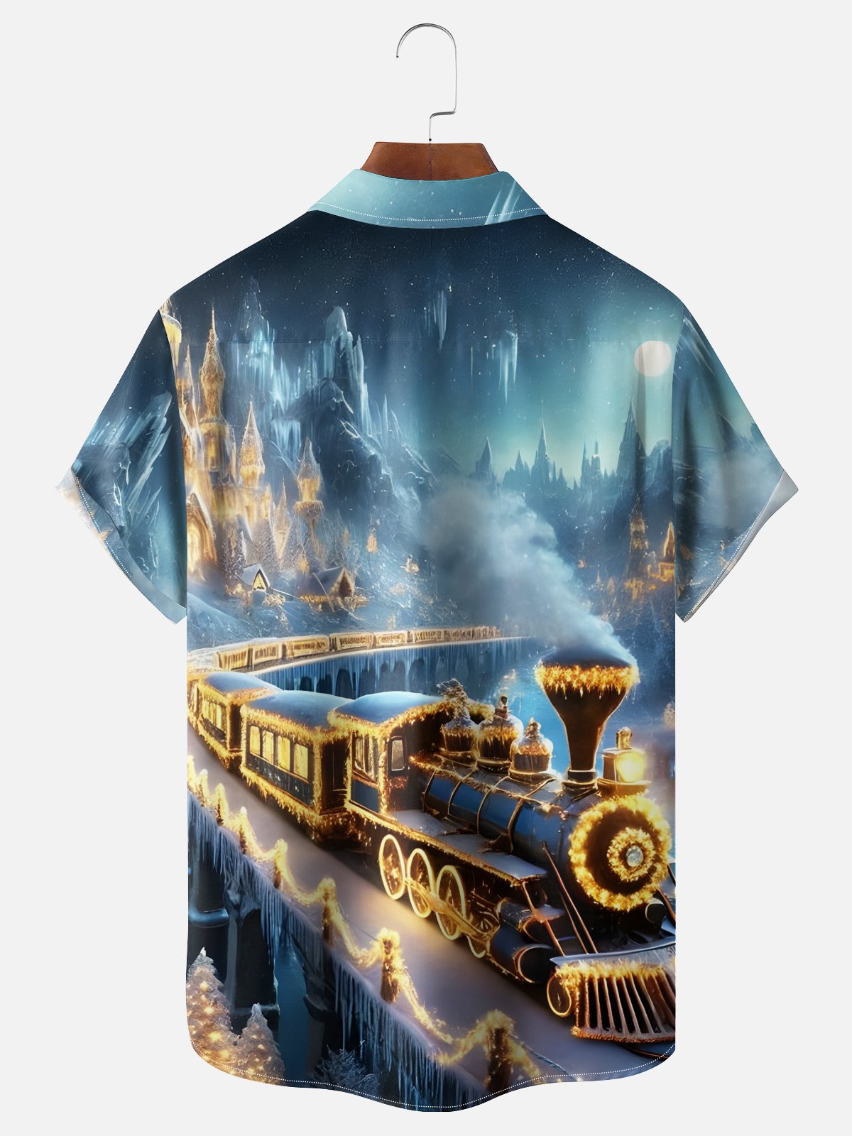 Moisture Wicking Christmas-Themed Train Chest Pocket Hawaiian Shirt