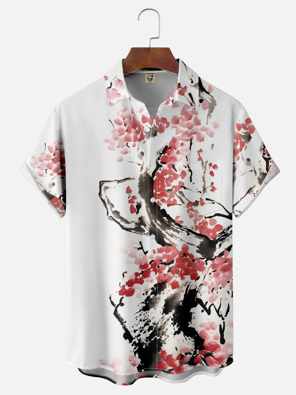 Moisture Wicking Japanese Cultural Abstract Ink Painting Cherry Blossom Chest Pocket Hawaiian Shirt