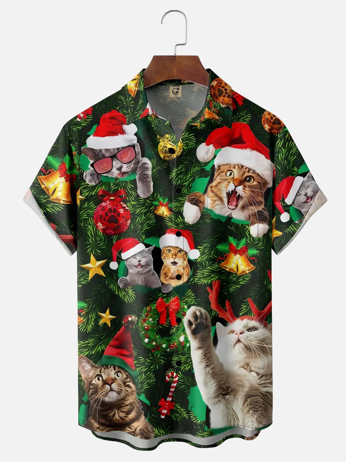 Moisture-wicking Christmas Cat Bell Candy Cane Chest Pocket Casual Shirt